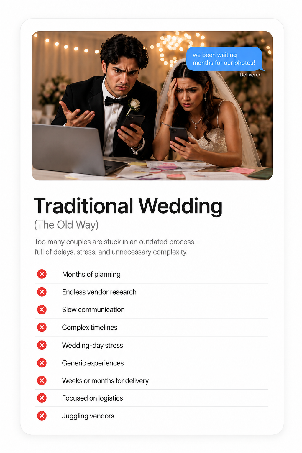 A bride and groom in wedding attire looking frustrated at their phones during wedding planning at a decorated venue with string lights and floral arrangements.