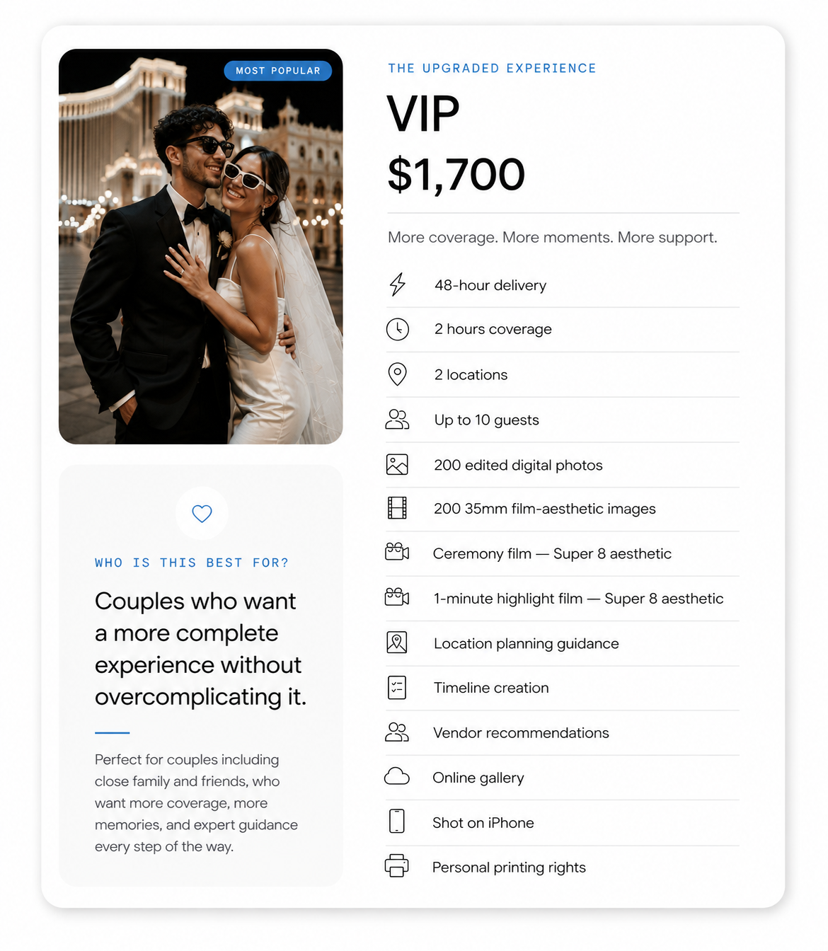 A promotional webpage for a VIP wedding photography package showing a smiling couple in wedding attire at night, with a historic illuminated building in the background. The package costs $1,700 and includes various services like photo editing, physical prints, and digital media.