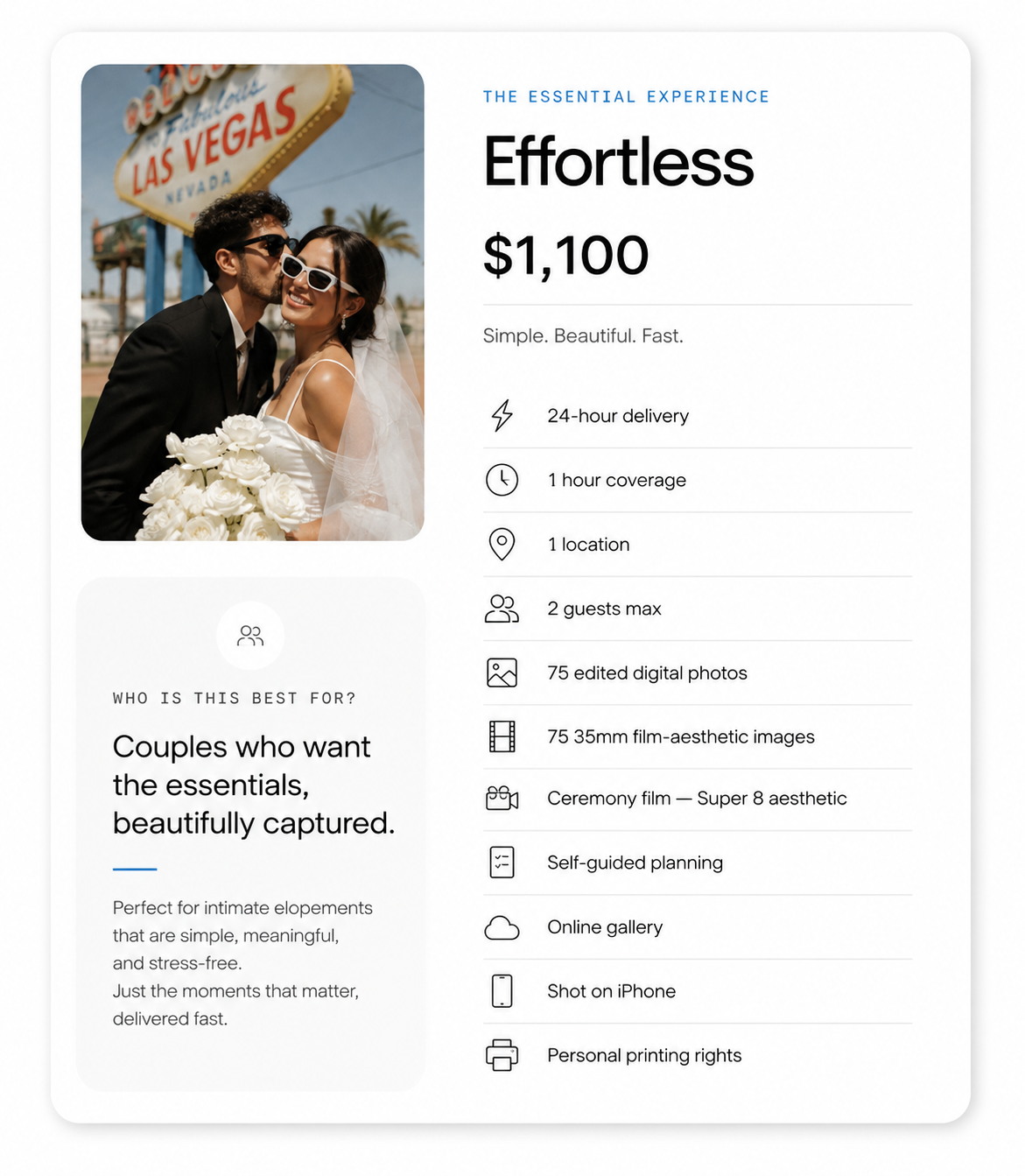 Digital wedding photography package advertisement featuring a photo of a bride and groom in front of the Las Vegas sign, with details about the package and services offered.