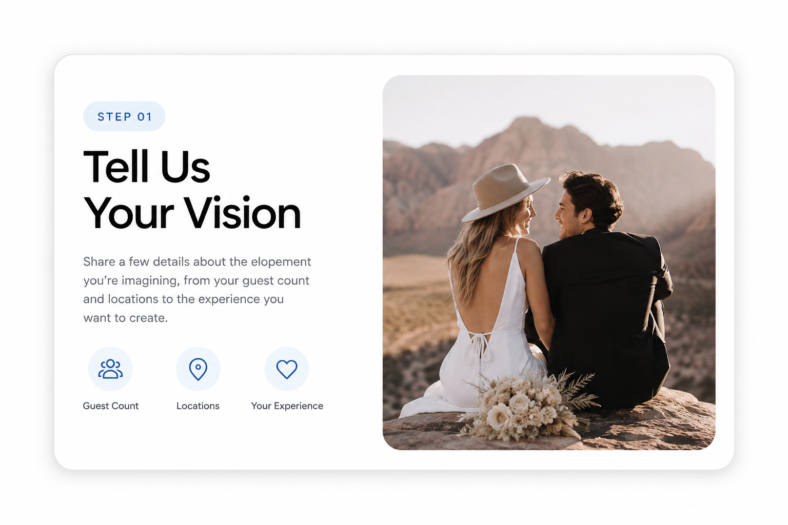 A website page with a section titled 'Tell Us Your Vision' and an image of a couple sitting on a rock with mountains in the background, the woman wearing a white dress and hat and the man in a black suit, holding a bouquet of flowers.