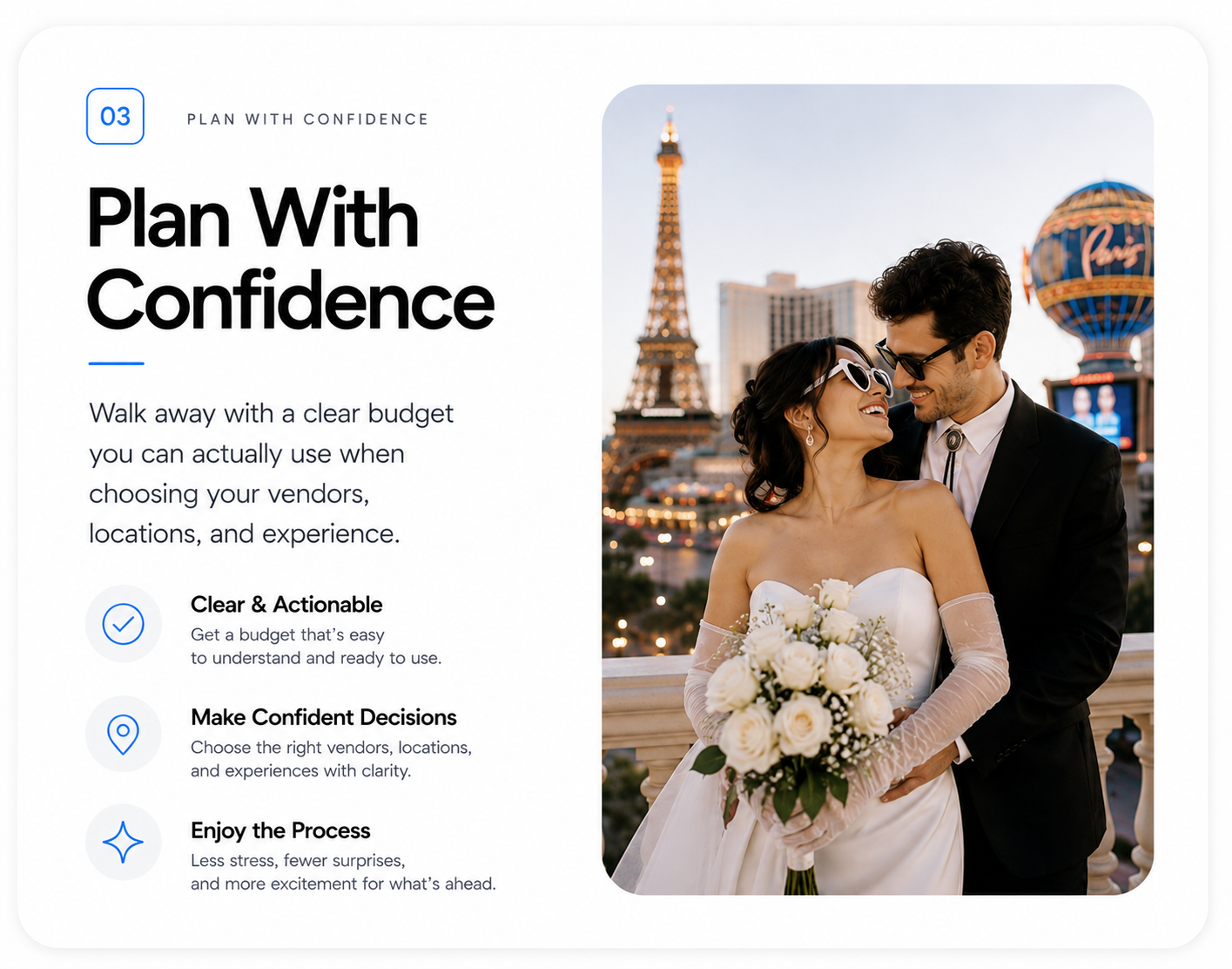 A wedding couple smiling and embracing on a balcony with the Eiffel Tower and Paris Las Vegas Hotel in the background, during sunset.