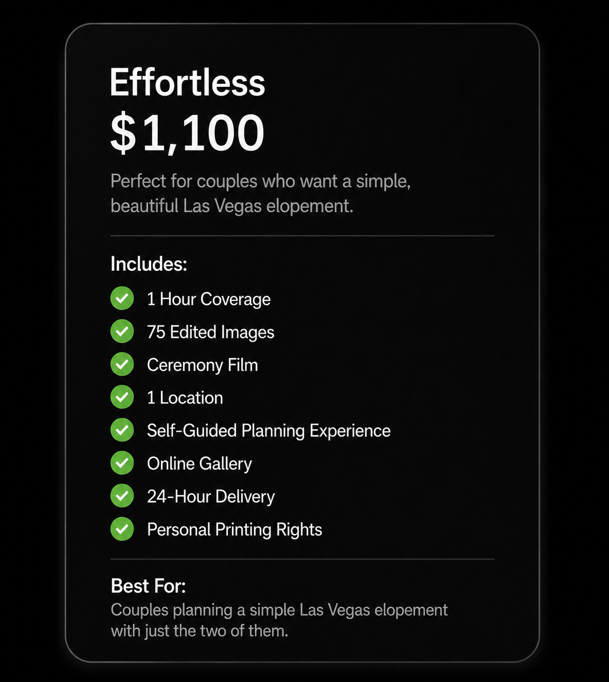 A promotional offer for a Las Vegas elopement package priced at $1,100, including coverage, edited images, ceremony film, one location, planning experience, online gallery, delivery, and printing rights.