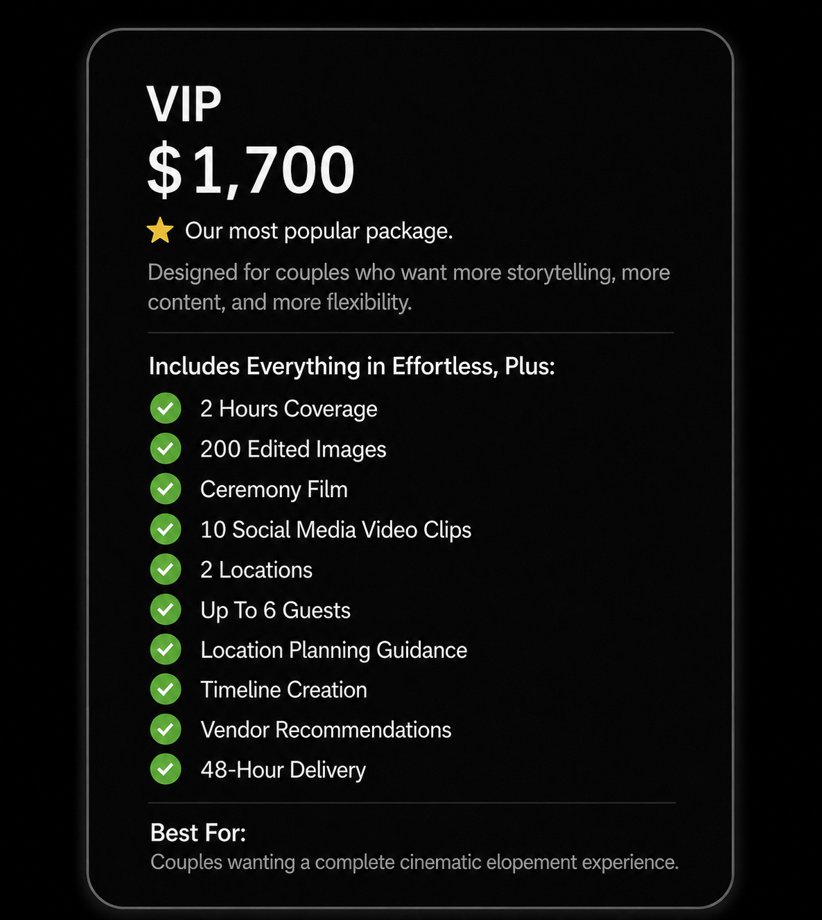 Pricing plan details for a VIP package costing $1,700, including coverage, edited images, ceremony film, social media clips, and other event planning services.