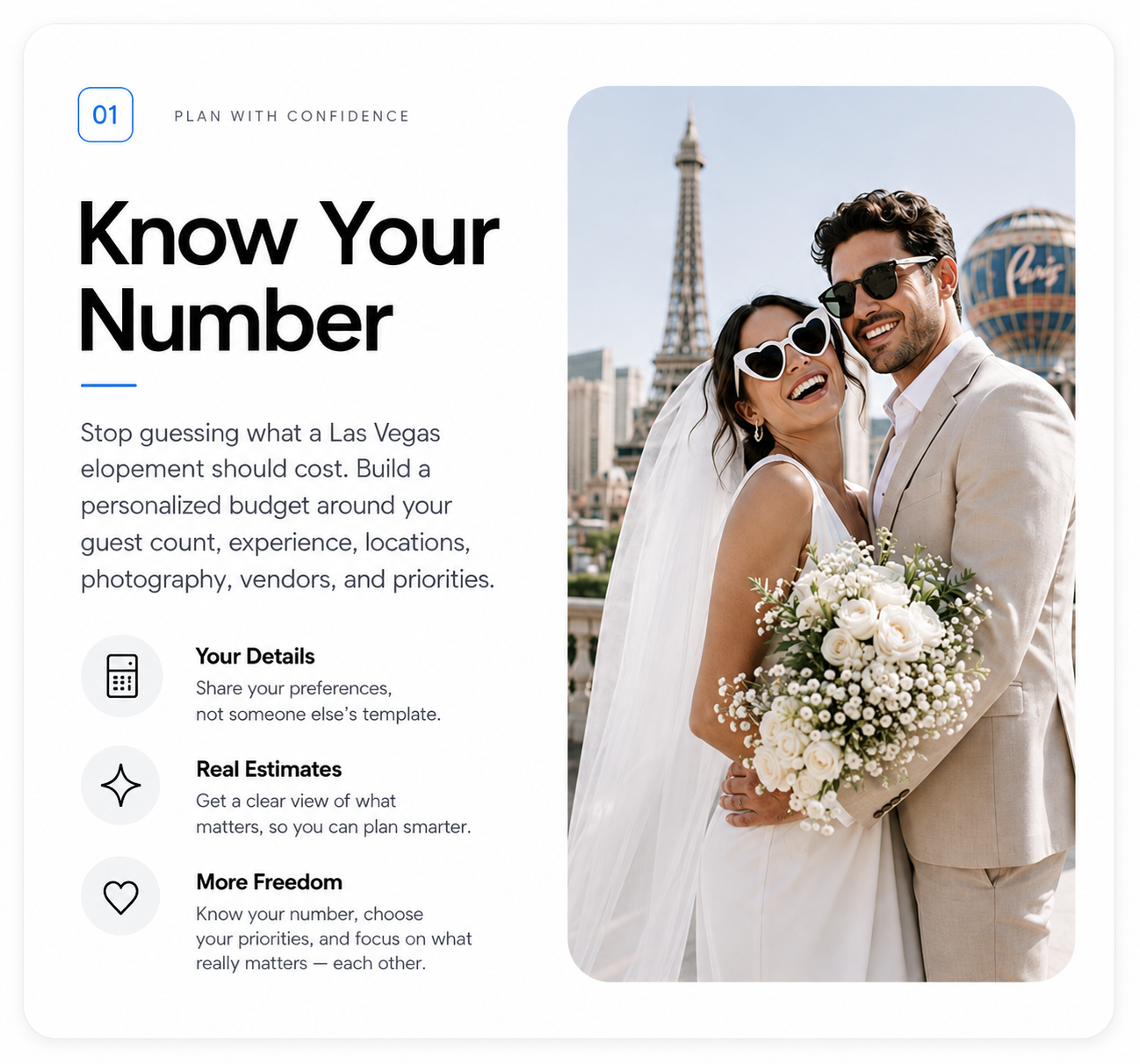 A promotional flyer for wedding planning featuring a smiling bride and groom in front of the Eiffel Tower. The flyer emphasizes knowing your number to build a personalized budget for events.
