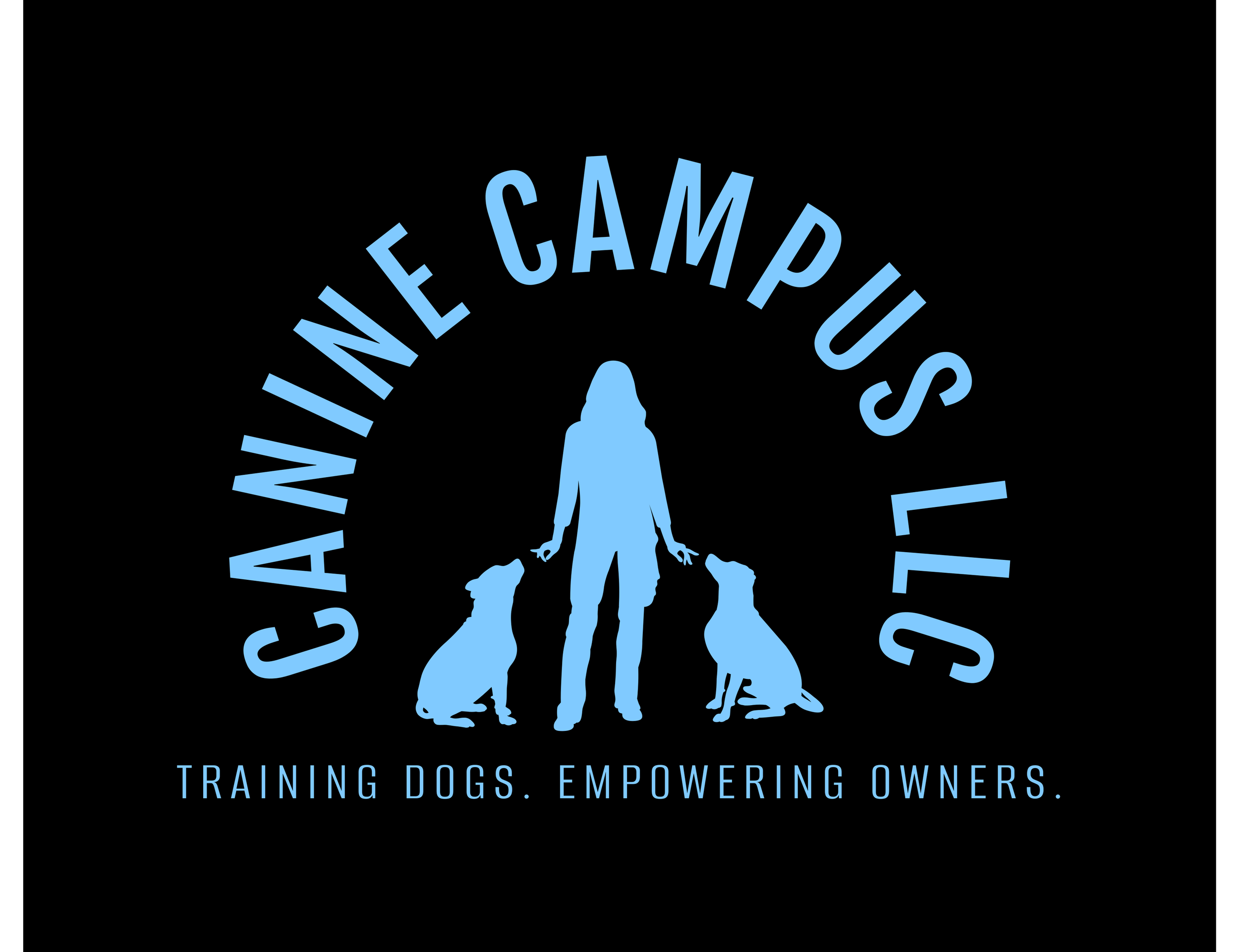 Logo for canine campus LLC featuring a silhouette of a person with two dogs, with the text 'Canine Campus LLC' in a circular arc and the tagline 'Training Dogs. Empowering Owners.' underneath.