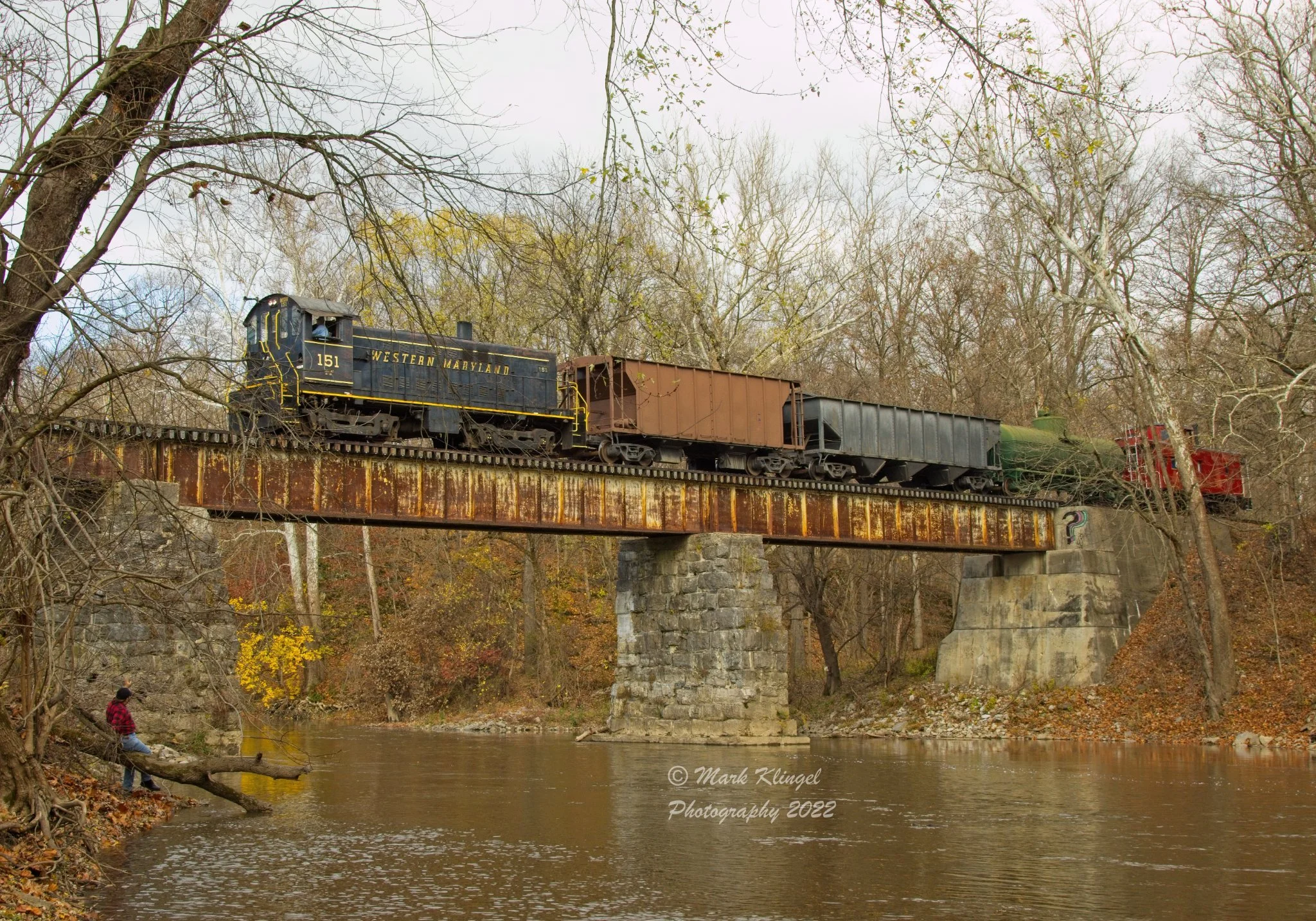 Middletown & Hummelstown Railroad's ex-Western Maryland S-6 No. 151 crosses the Swatara Creek during a Dynamo Productions photo charter. Mark Klingel photo.