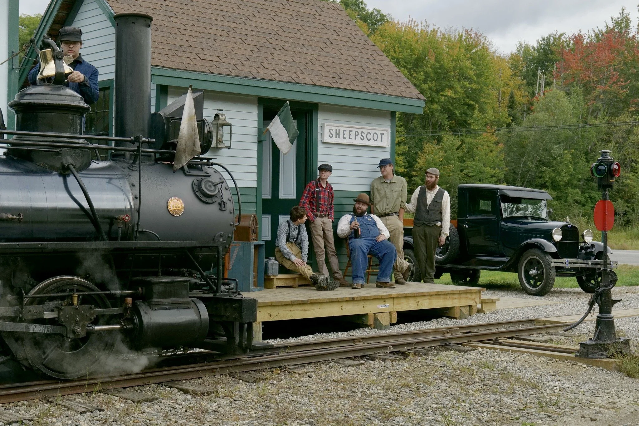 Wiscasset, Waterville & Farmington No. 9 and its crew rest in Sheepscot, Maine, during a Dynamo Productions photo charter.