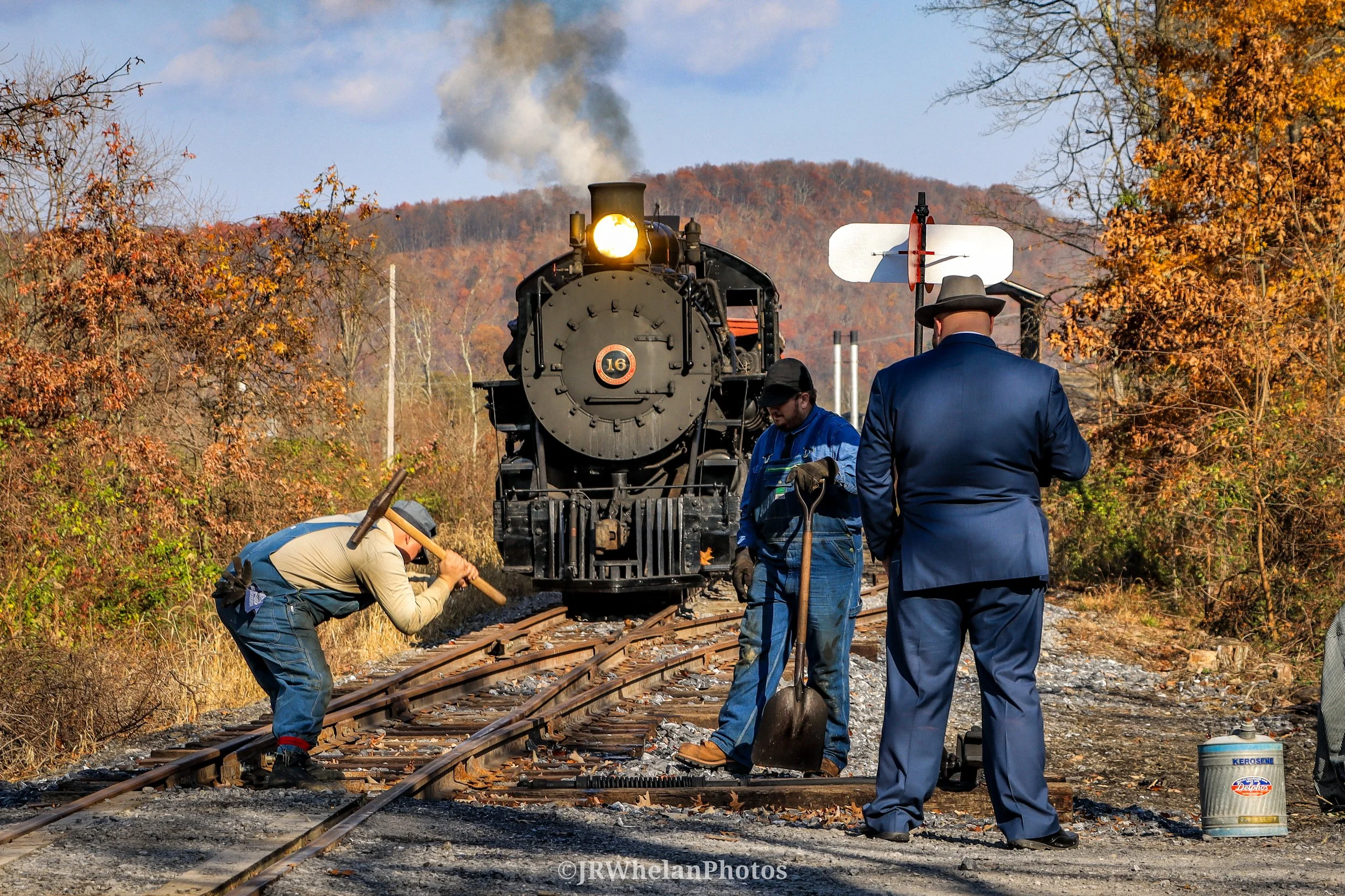East Broad Top No. 16 rests near Oddfellow's Cemetery with a track crew at work during a Dynamo Productions photo charter. Joe Whelan photo.