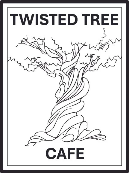 Line drawing of a twisted tree with words "Twisted Tree Cafe" at the top and bottom of the image.