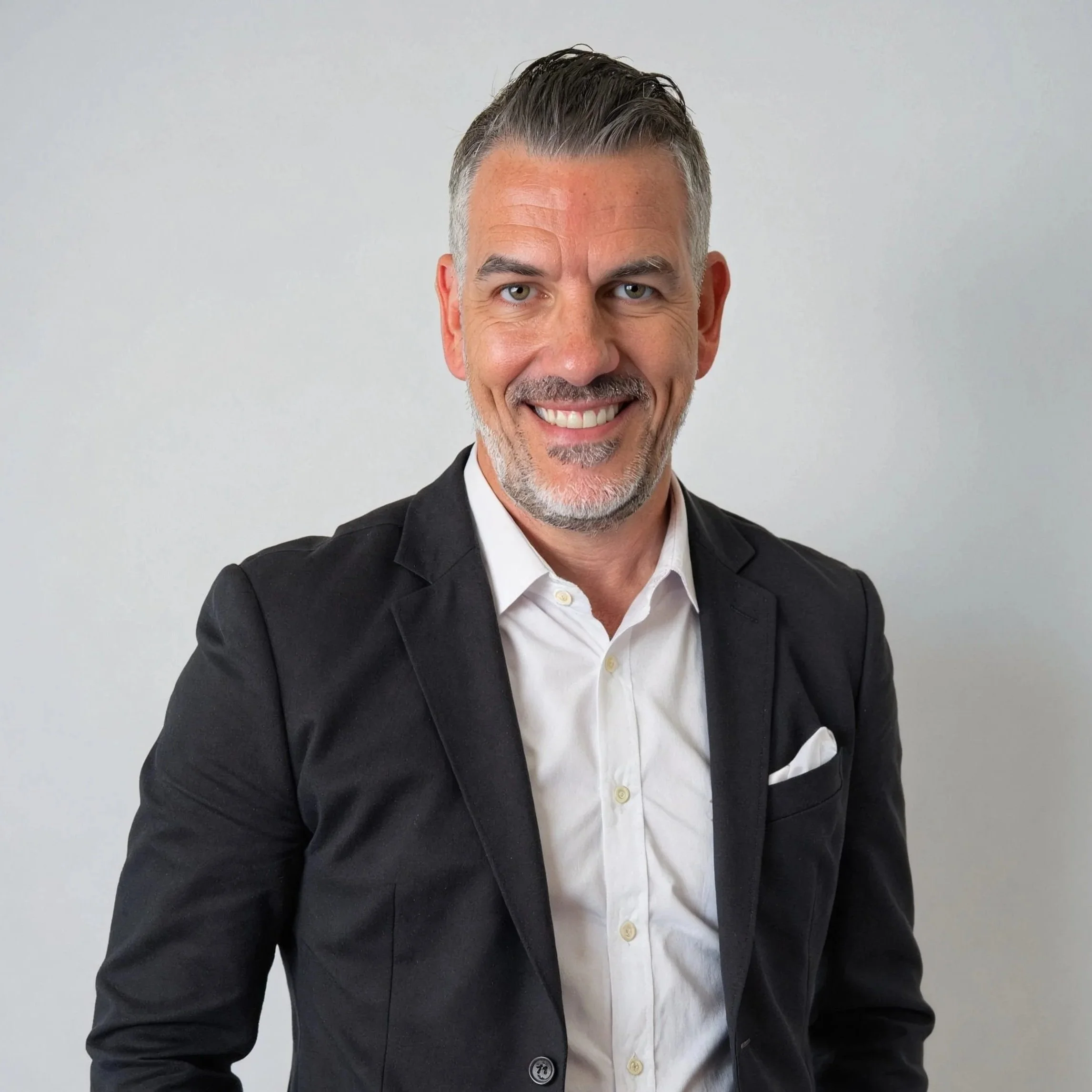 Smiling man in a suit and white shirt in an office setting.