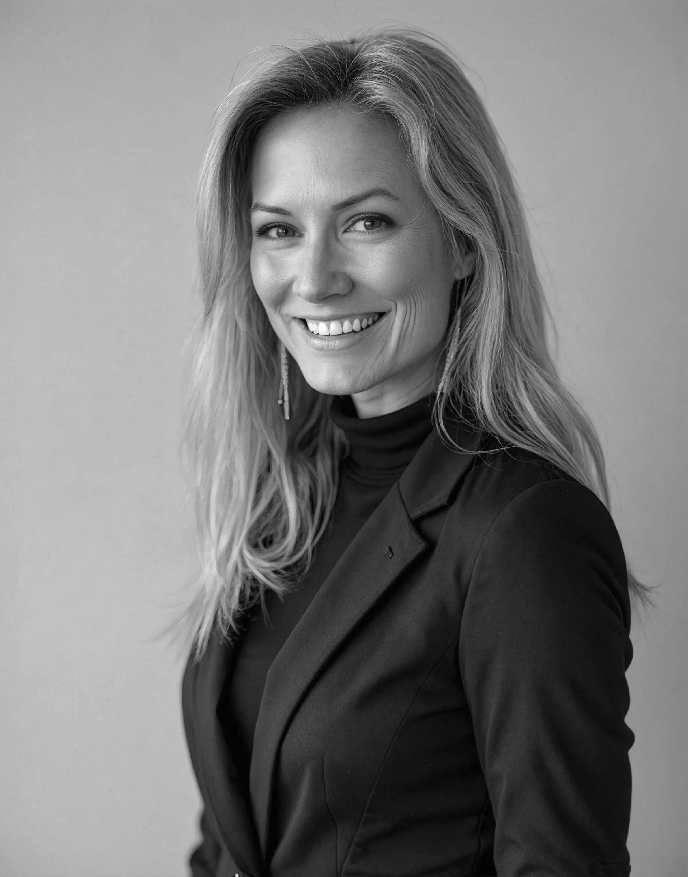 Smiling woman with blonde hair and hoop earrings in black and white portrait