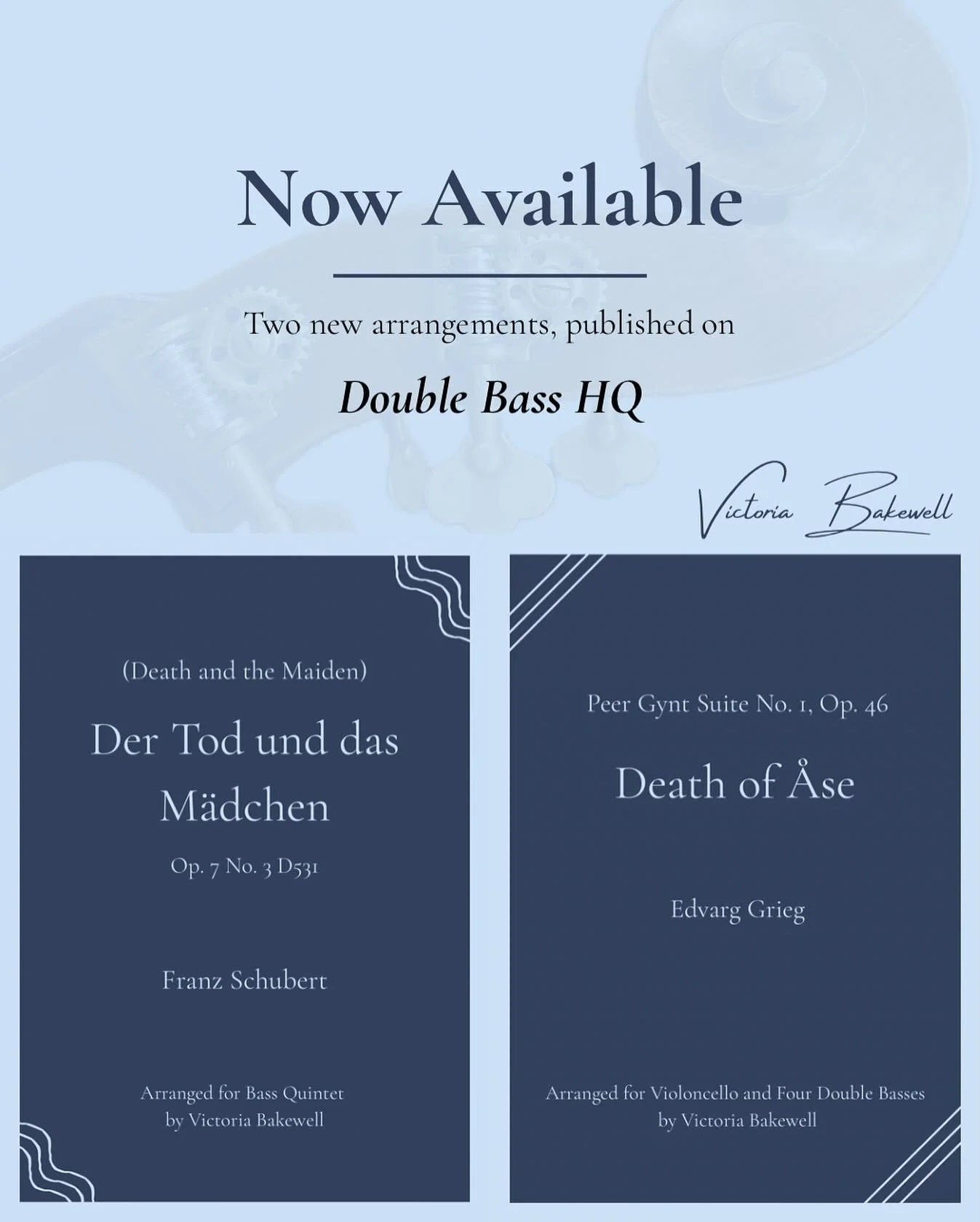 Big news &mdash; my arrangements of Grieg&rsquo;s Death of &Aring;se and Schubert&rsquo;s Death and the Maiden are now published and available through DoubleBassHQ!

These projects grew out of my love for exploring how the double bass can bring new c