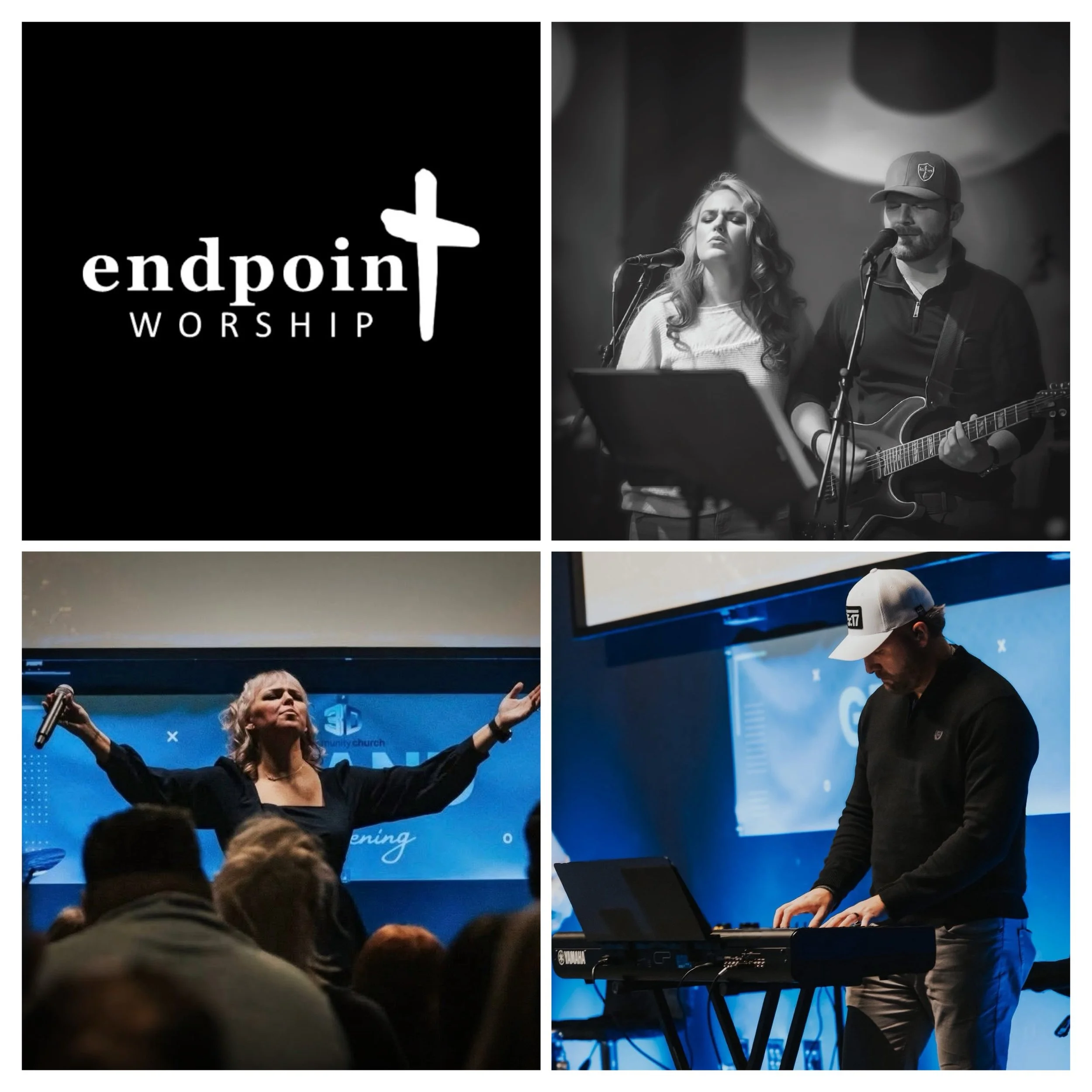 Collage of four images: Top left shows the logo of 'endpoint worship' with a cross; top right depicts a woman and a man singing and playing guitar in a church or worship setting; bottom left features a woman with arms raised leading worship in front of a blue backdrop; bottom right captures a man playing keyboard during a church service.