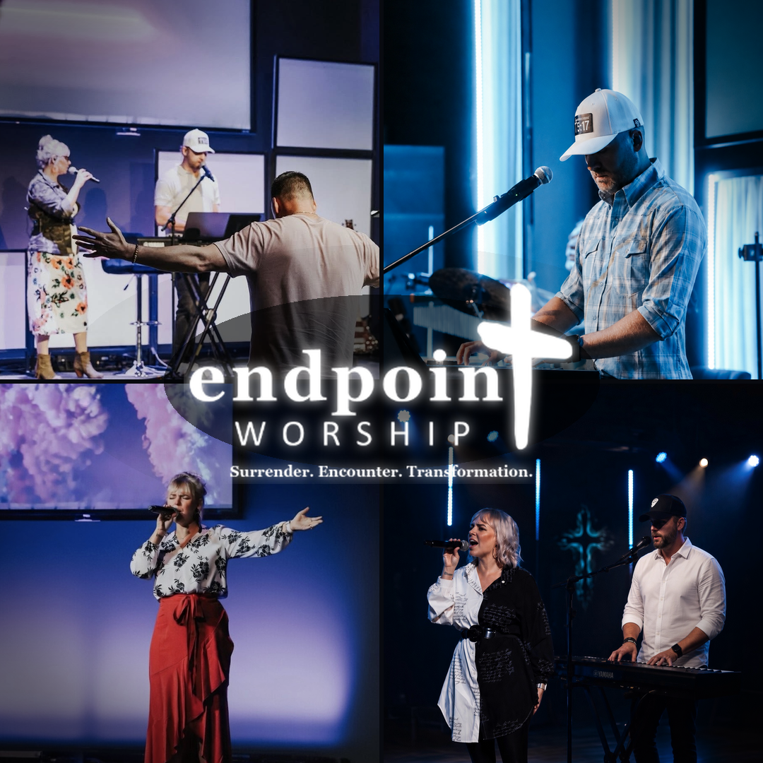 People performing music and worship on stage at a church or worship event with the 'endpoint worship' logo overlayed.