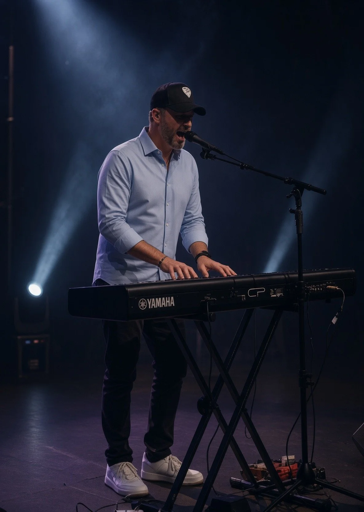 A man wearing a black cap and a light blue dress shirt plays a Yamaha keyboard on stage under blue and white lights, singing into a microphone.