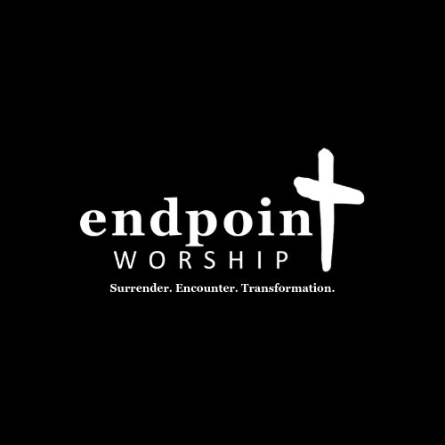 Logo for Endpoint Worship with a black background, white text, and a cross incorporated into the letter 't' in 'endpoint'. Tagline reads 'Surrender. Encounter. Transformation.'