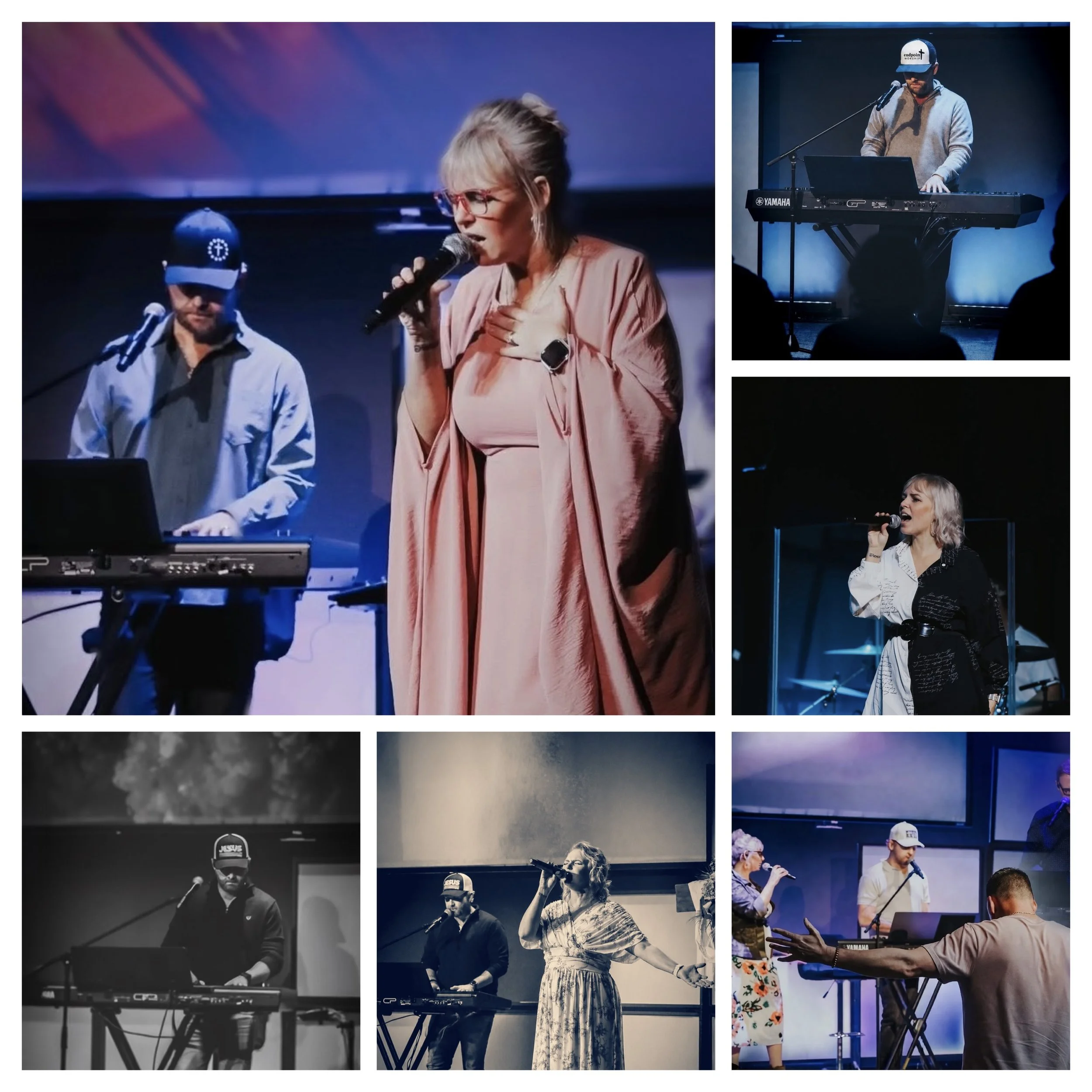 People performing vocals and playing musical instruments on stage during a live concert or worship session.