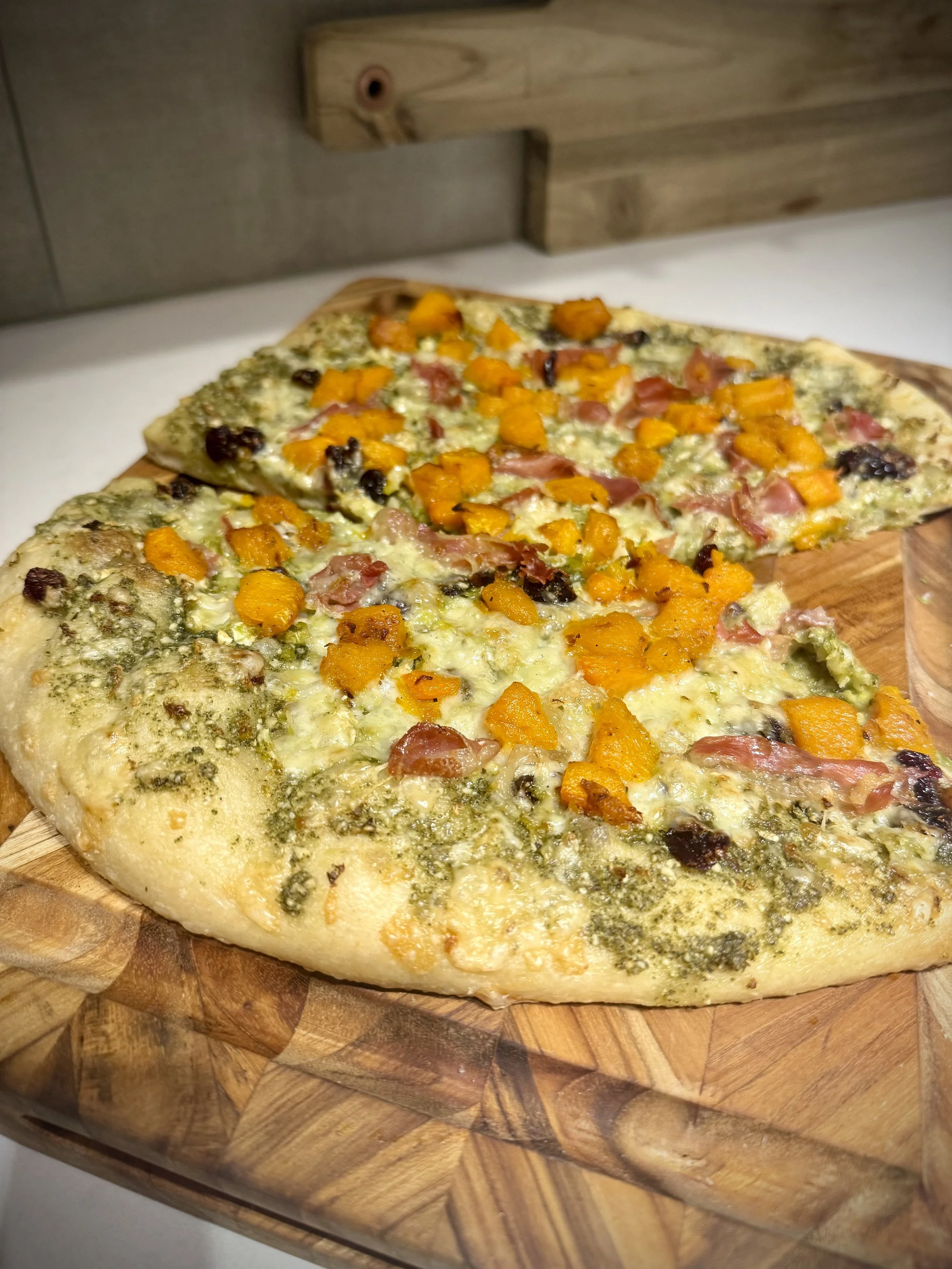 Roasted Butternut Squash, Brussels Sprouts and Prosciutto Pizza with Sage Pesto