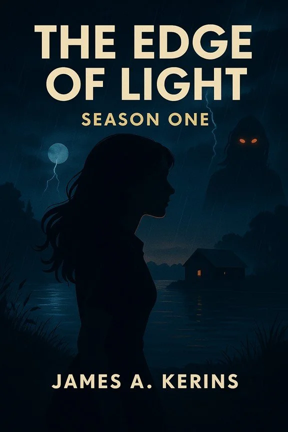 A mysterious book cover titled "The Edge of Light: Season One" by James A. Kerins. The silhouette of a woman stands by a lake under a dark, cloudy night sky. In the background, a distant cabin is visible with a light on, and a shadowy figure with glowing eyes looms menacingly.