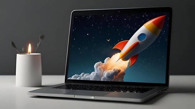 Laptop with a rocket blasting off on its screen, and a lit candle beside it on a desk.