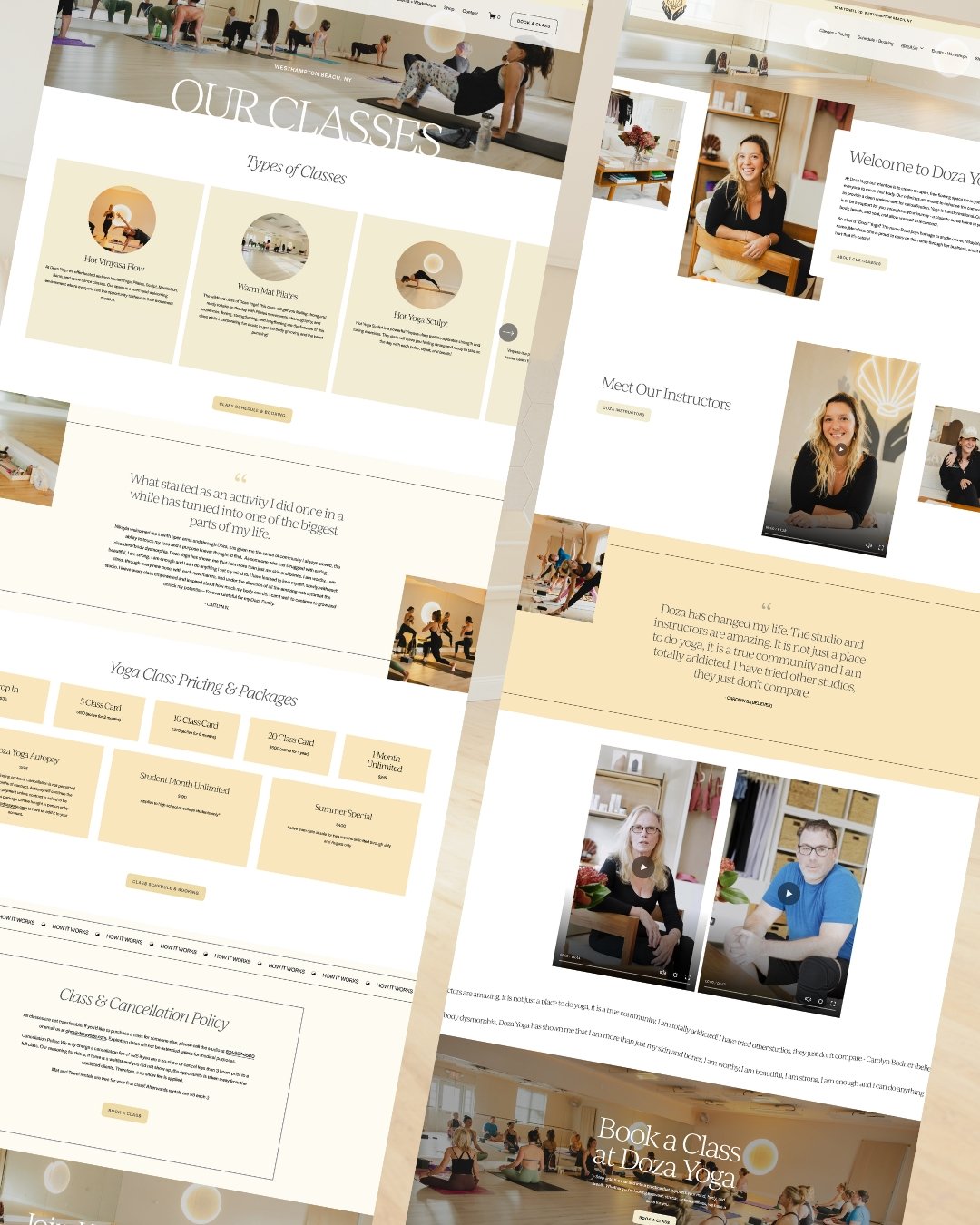 Screenshot of a yoga studio website showing class descriptions, instructor profiles, pricing packages, testimonials, and a photo of people practicing yoga in a studio.