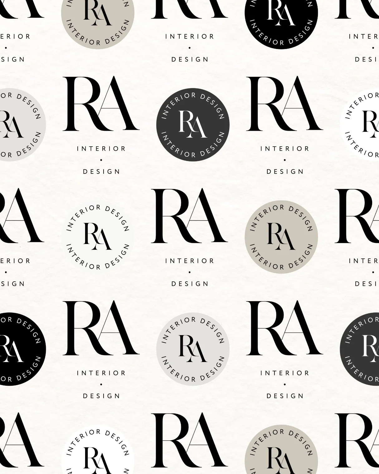 Repeating pattern of logos for RIA Interior Design, featuring the initials R and A, with some circular logos and others with the words 'INTERIOR DESIGN' written around the initials.