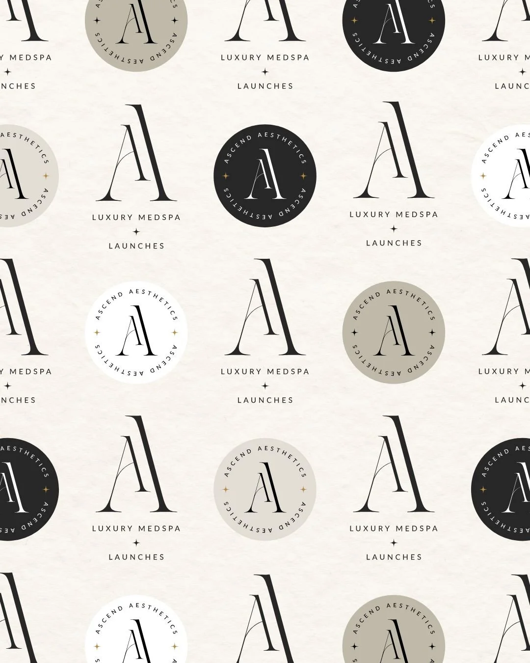 Pattern featuring the logo of 'Ascend Aesthetics' with circles in black, white, gray, and beige, each containing a stylized letter 'A' and the words 'Luxury Medspa' and 'Launches'.