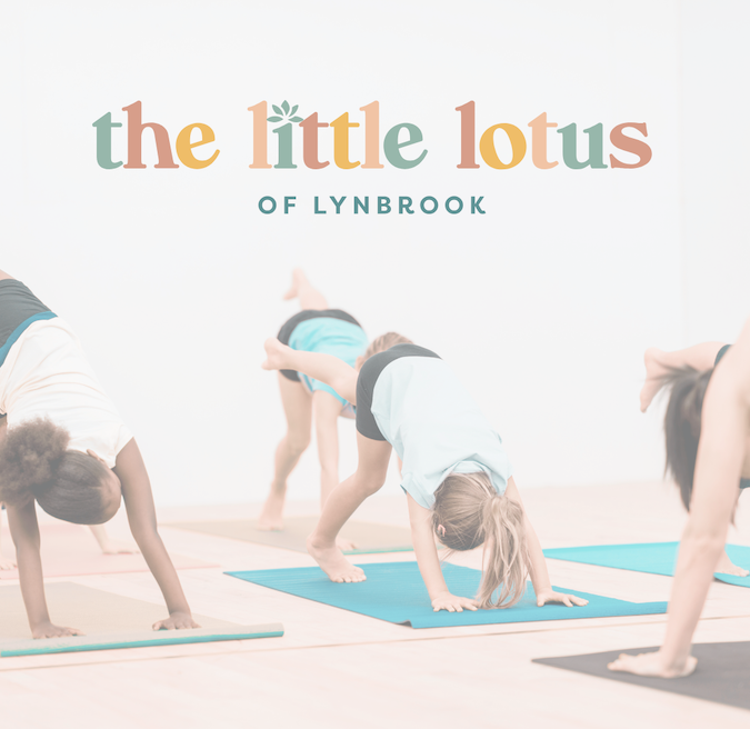 Children practicing yoga in a class called 'the little lotus of Lynbrook', with colorful text on a white wall and children in prenatal pose on mats.