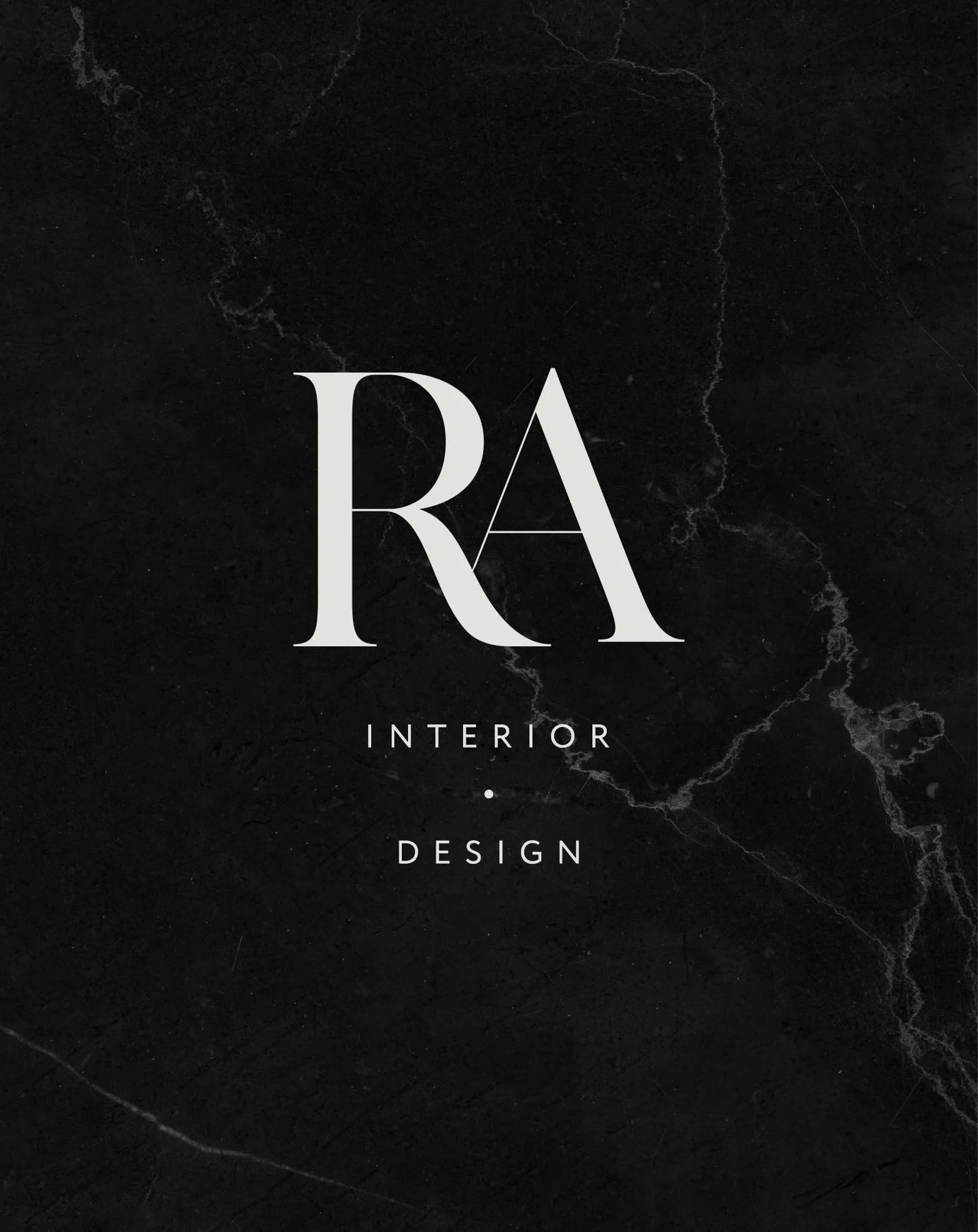 Black marble background with white text saying 'RA Interior Design'.