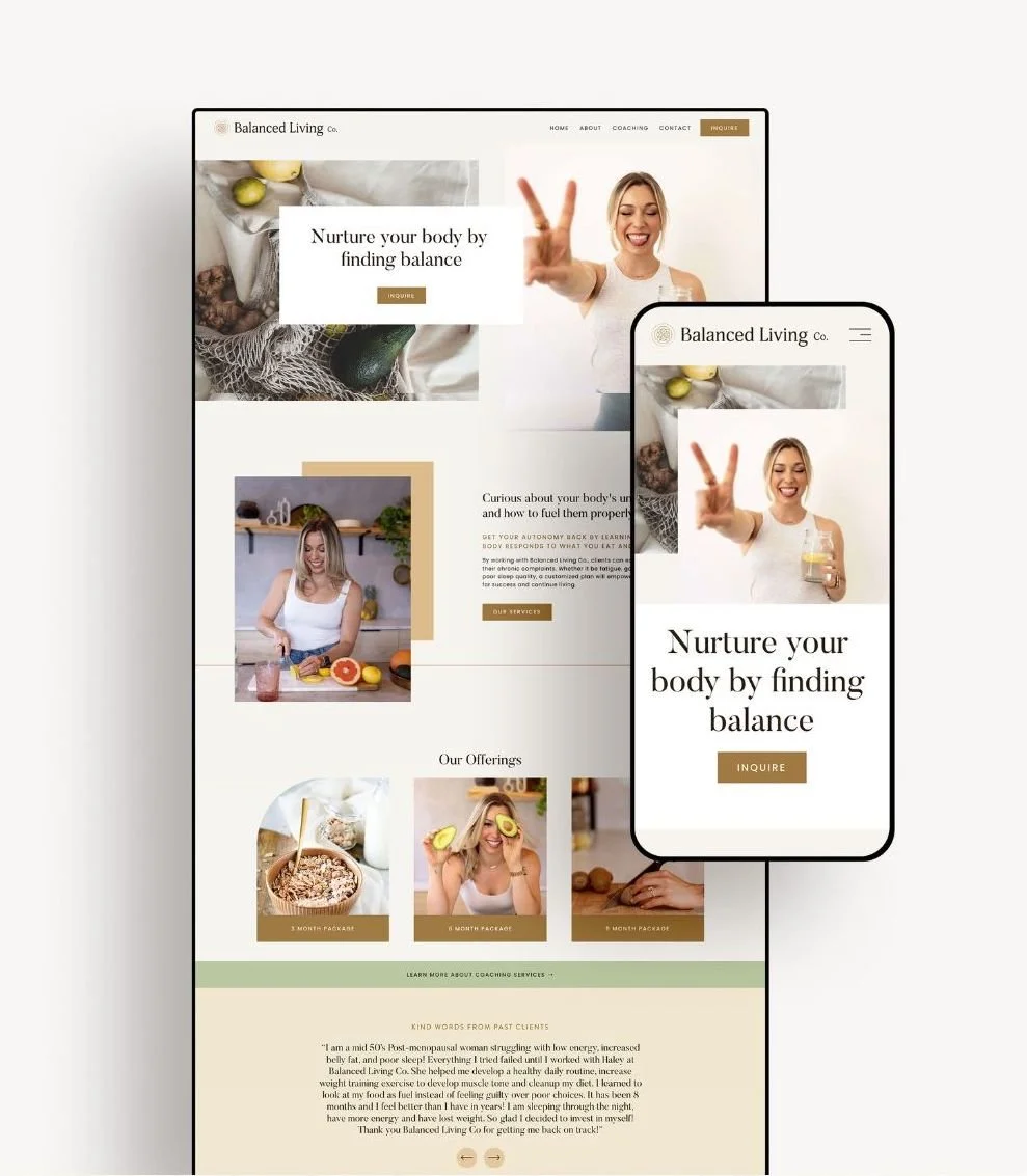 Website and mobile view of Balanced Living Co., promoting health and wellness services with images of smiling women, healthy foods, and a clean, modern design with a neutral color scheme.