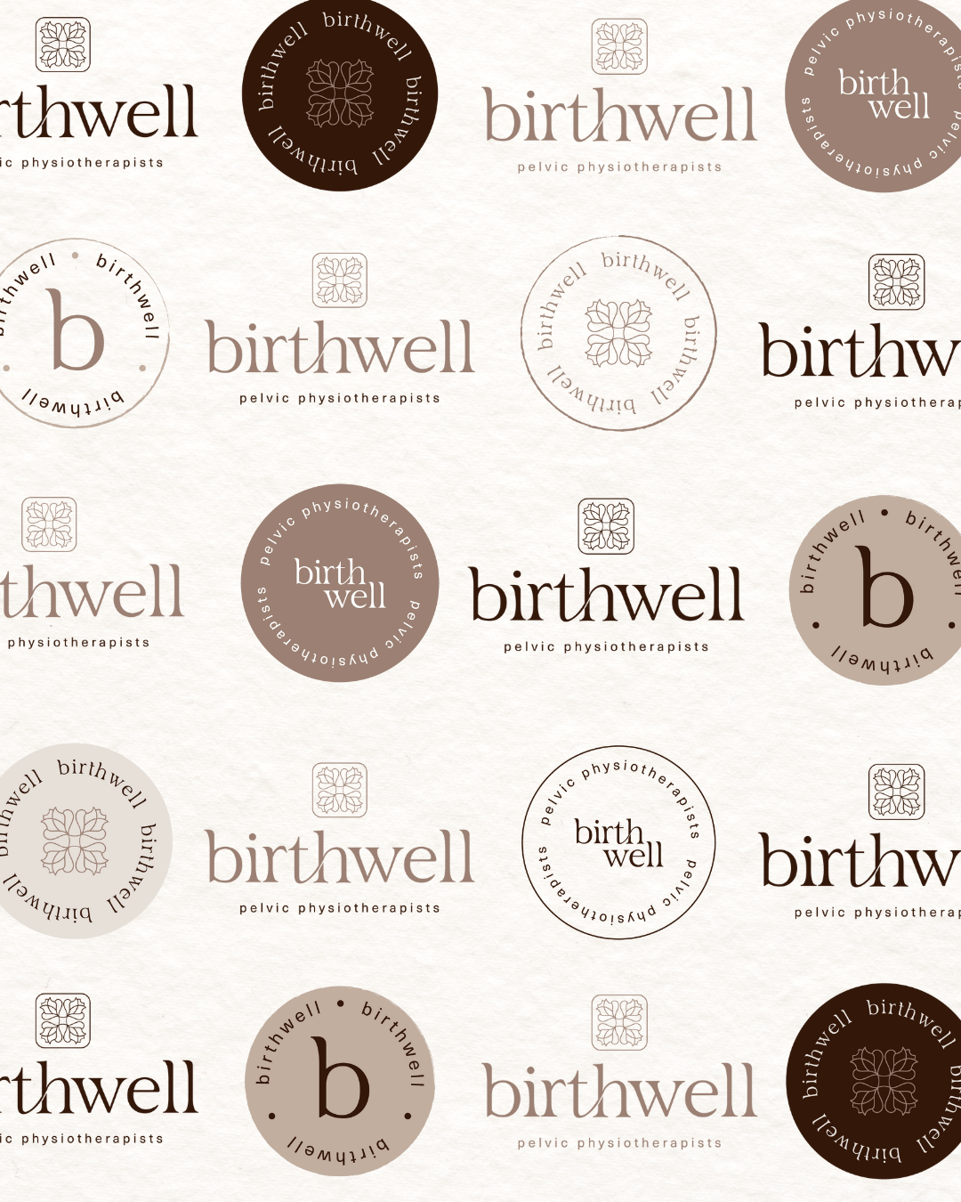 Pattern featuring the words 'bithwell' and 'birth well' along with the phrase 'pelvic physiotherapists' and various logos in shades of brown and beige.