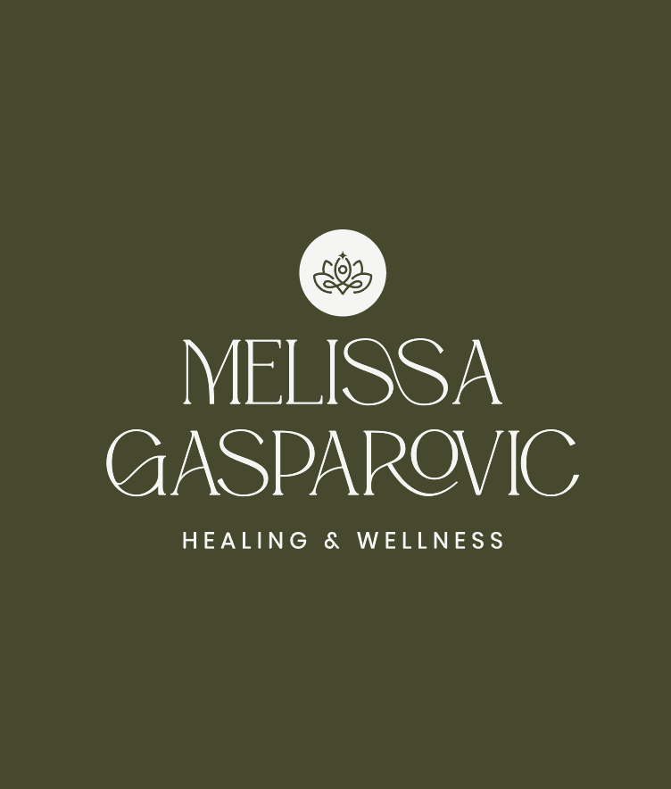 Logo for Melissa Gasparovic Healing & Wellness with a green background, a small lotus flower icon above the name.