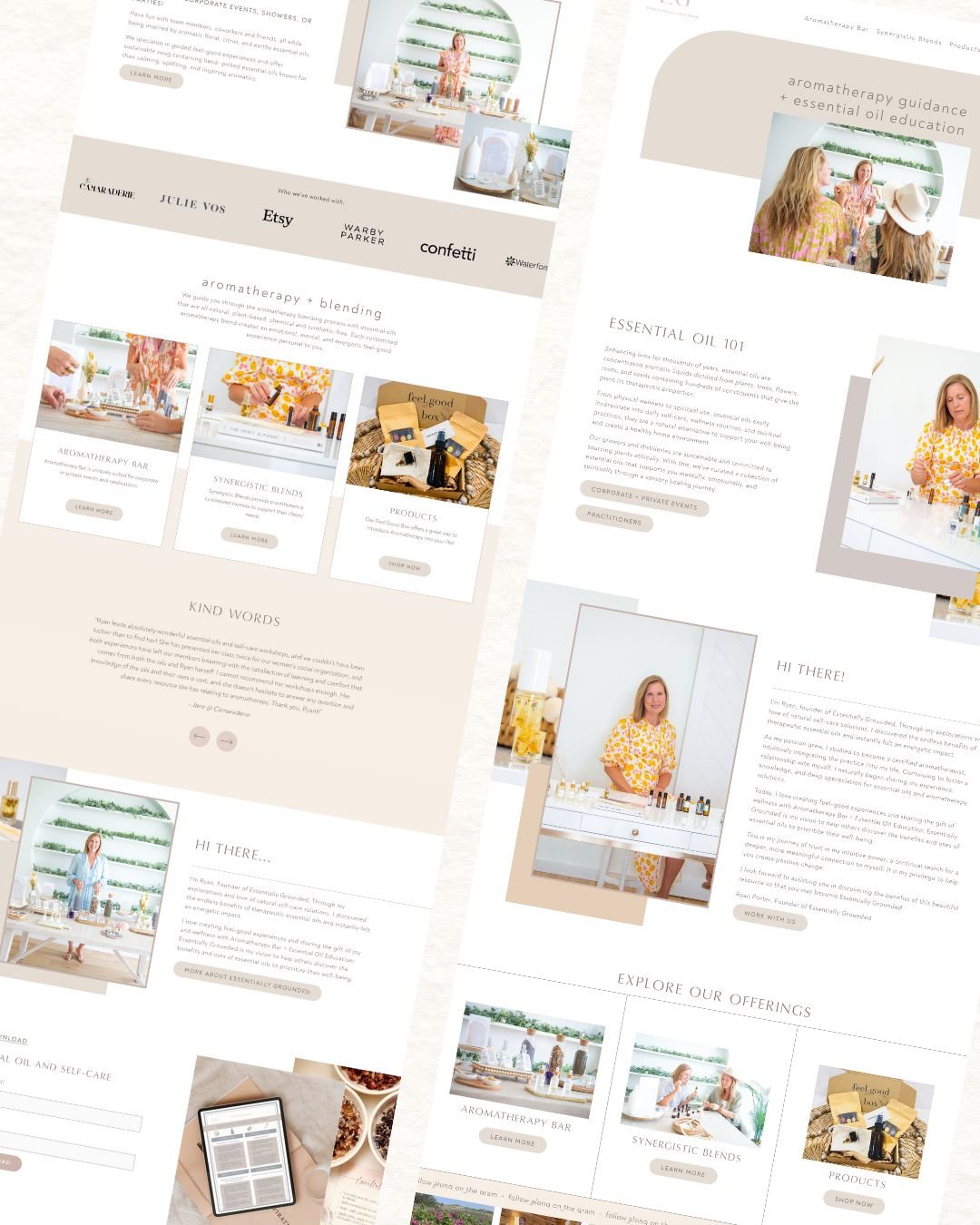 Website layout showing an aromatherapy and essential oil shop, featuring images of women and products, with sections on blending, products, and classes.