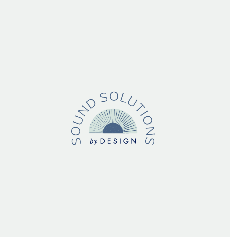 Logo with a semi-circle sun and radiating lines above the text 'SOUND SOLUTIONS by DESIGN' in a curved arrangement.