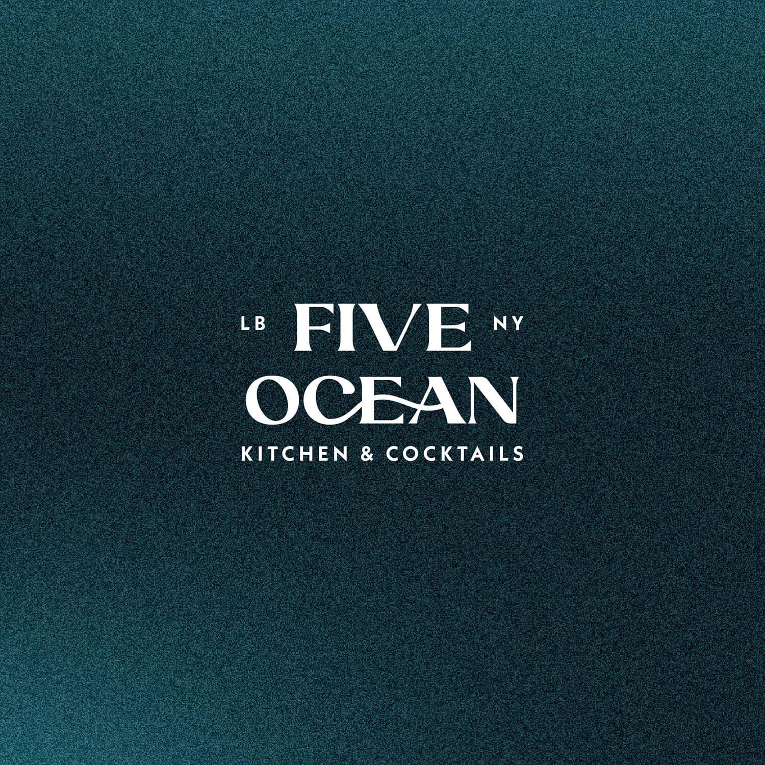 Logo for Five Ocean Kitchen & Cocktails with a background gradient from dark blue to teal.