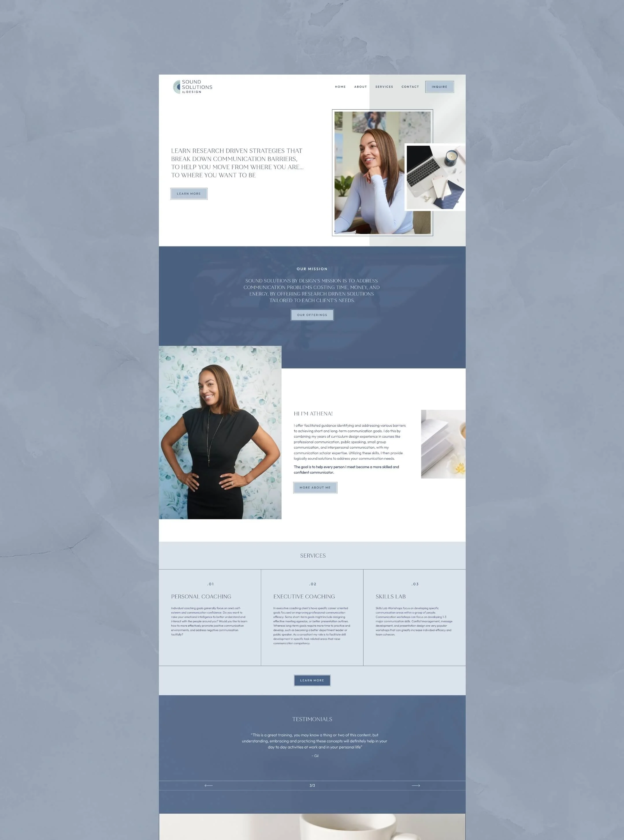 A webpage for Sound Solutions by Design featuring sections about services, mission, and about, with images of a smiling woman, a laptop, a notebook, and a person in professional attire.