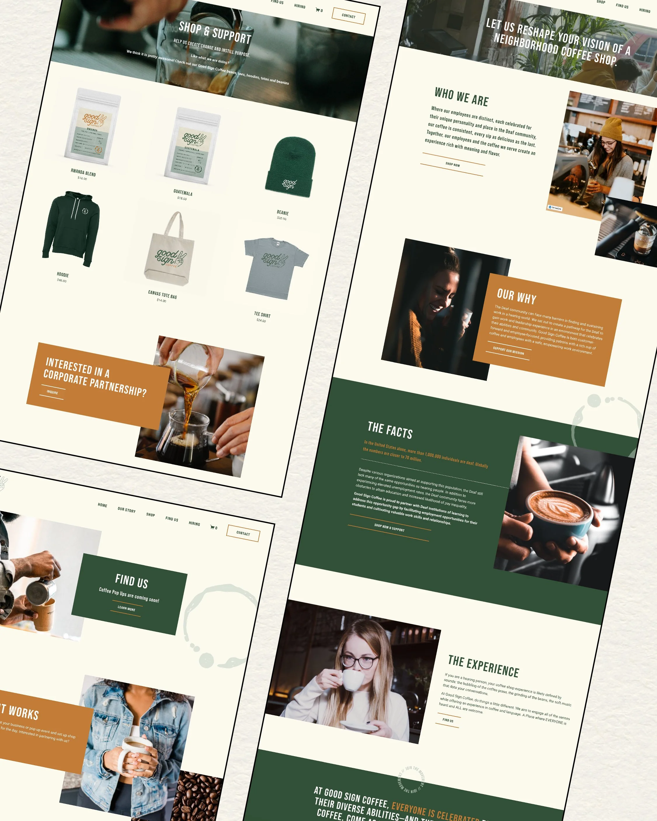 Design mockup of a coffee shop website with sections for shop and support, about the brand, products, engaging images of people enjoying coffee, and information about the company's mission and offerings.