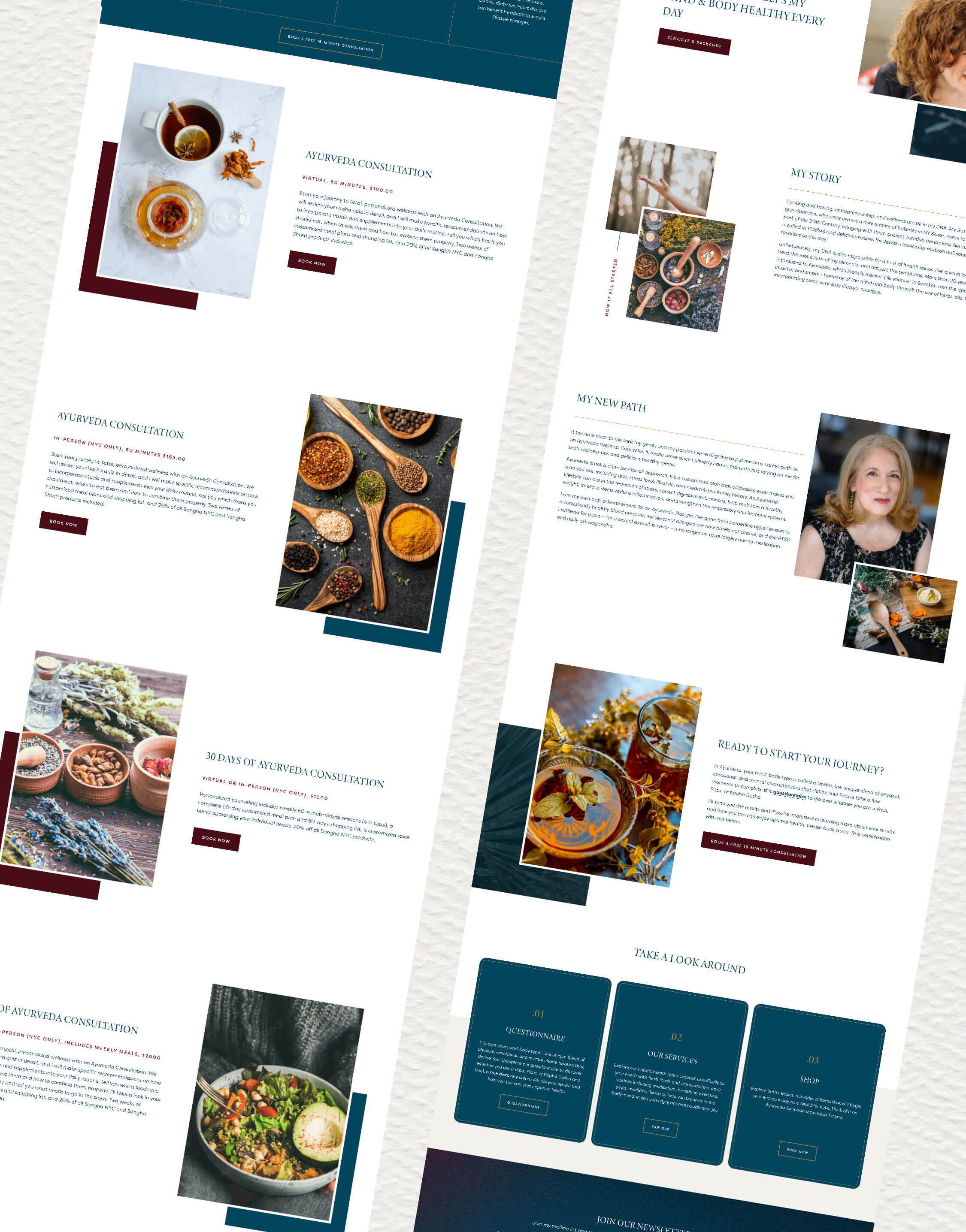 Screenshot of a wellness or health website with images of tea, spices, and herbal ingredients, and sections about Ayurveda consultations, personal stories, and journey starts.