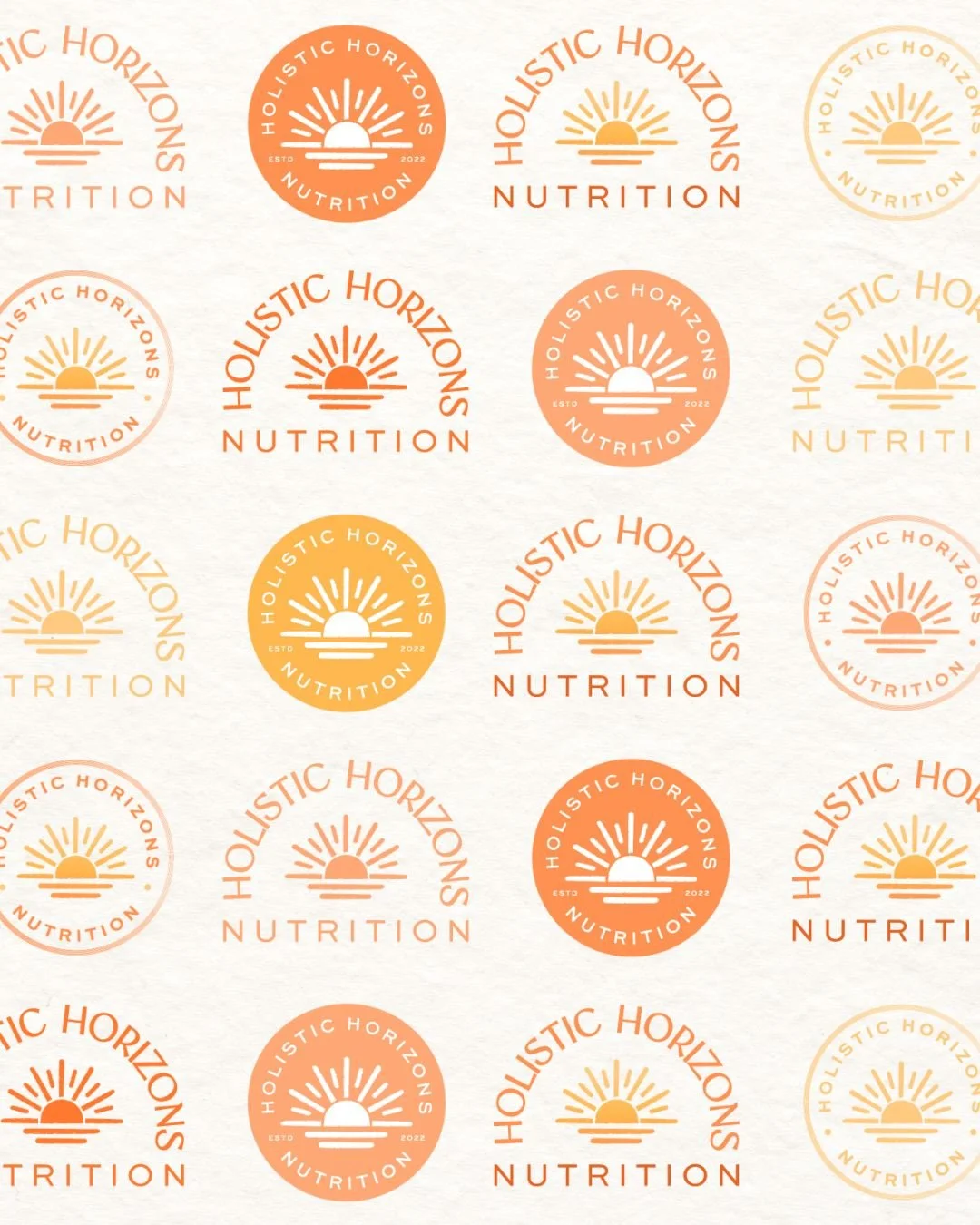 Repeated logo pattern with a sunset over water design, the text reads 'Holistic Horizons Nutrition' and 'ESTD 2022' in circular and linear formats, in shades of orange and yellow.