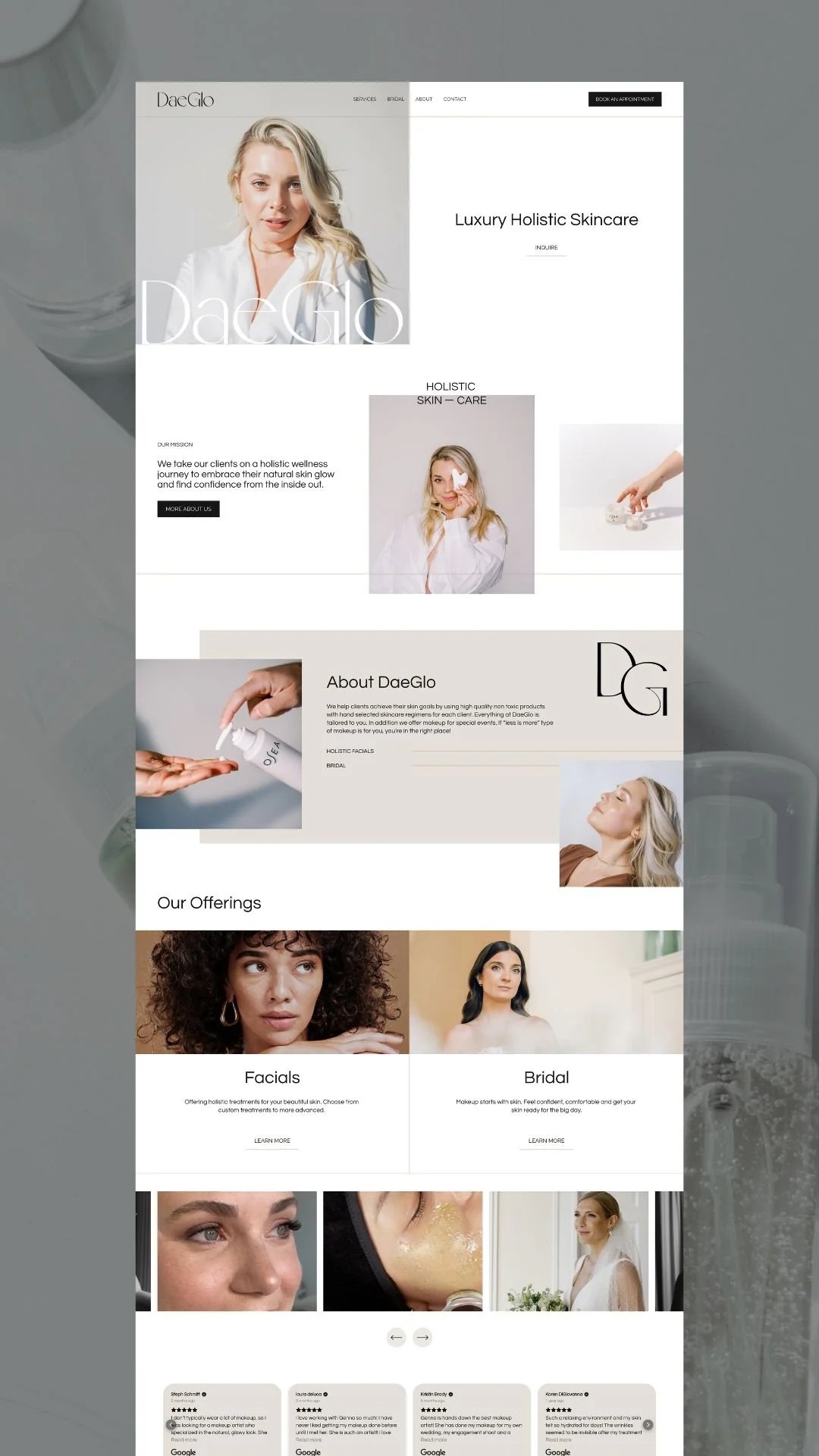A screenshot of a skincare clinic's website homepage with images of women, skincare products, and text about holistic skincare services.