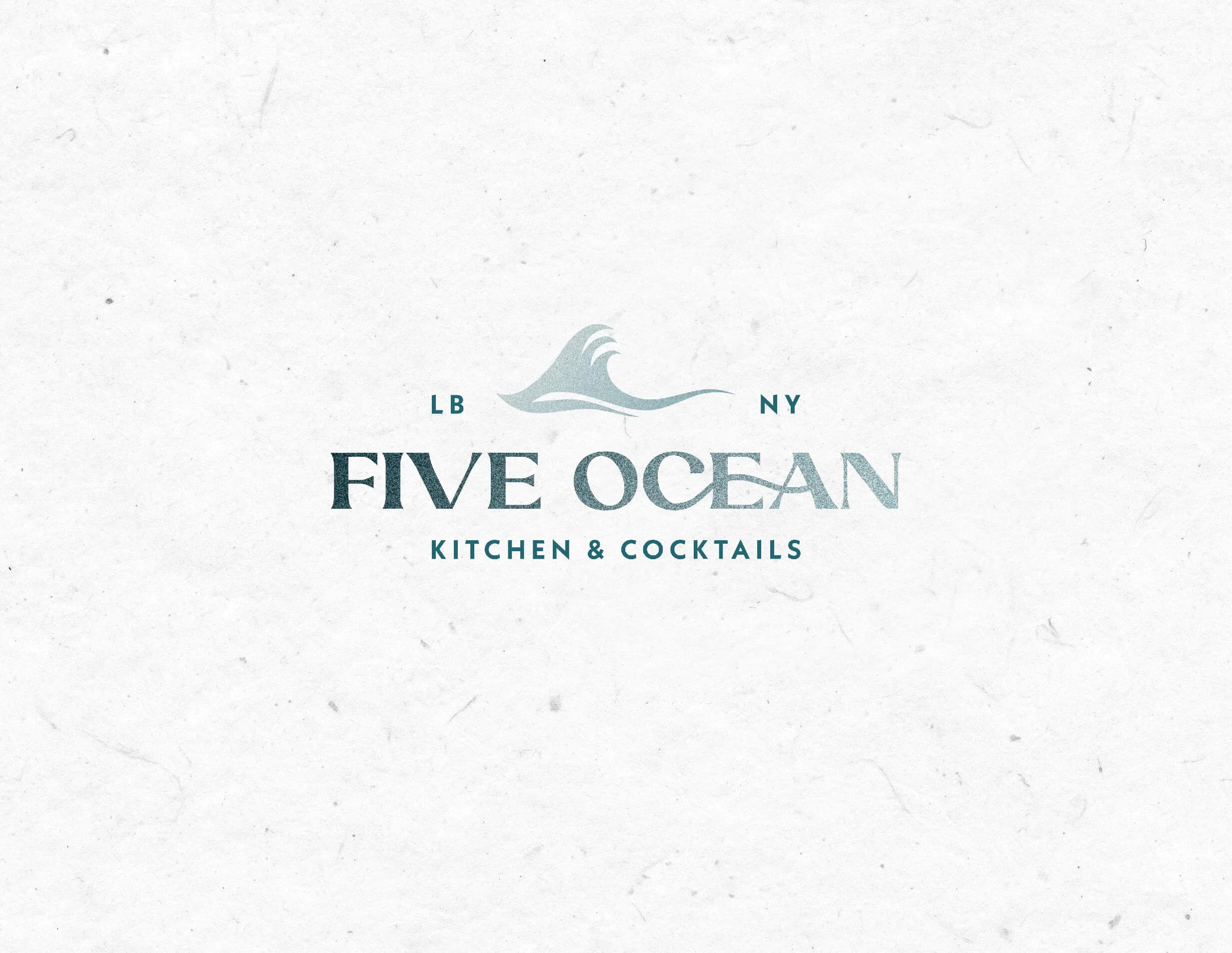 Logo for Five Ocean Kitchen & Cocktails, featuring a stylized wave and the text 'LB NY Five Ocean Kitchen & Cocktails' in blue and gray on a white background.