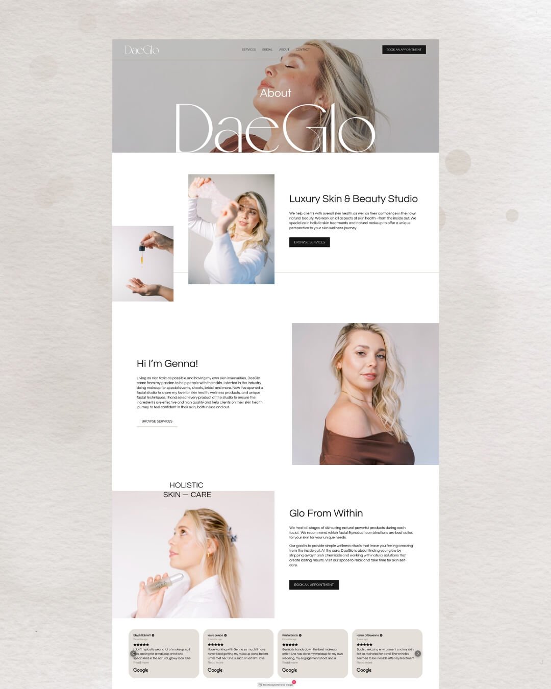 Web page for a luxury skin and beauty studio featuring images of women, service descriptions, and booking options.