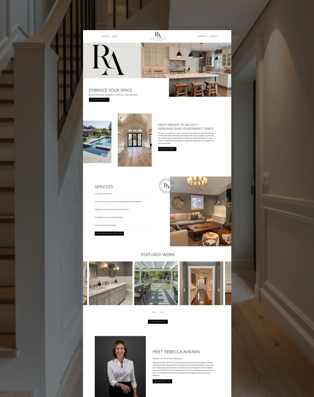 A mobile-friendly interior design website displayed on a phone, showcasing home renovation projects, services, and the designer Rebecca Ahearn.