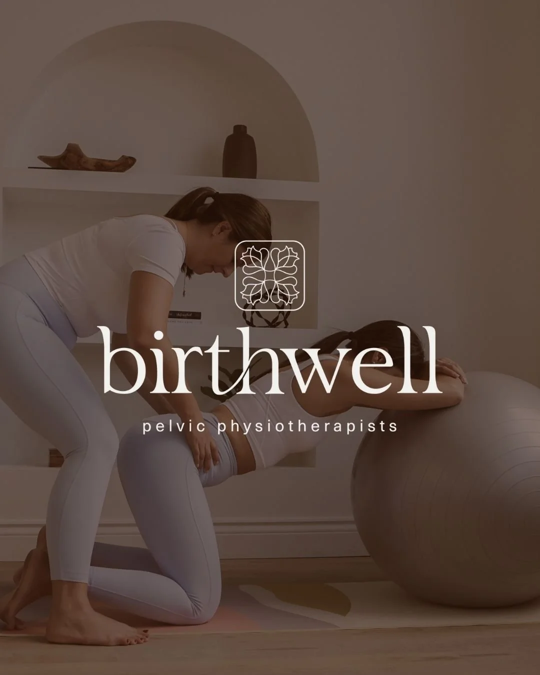 Pelvic physiotherapy session with a therapist assisting a woman in a kneeling exercise on a yoga mat in a therapy room.