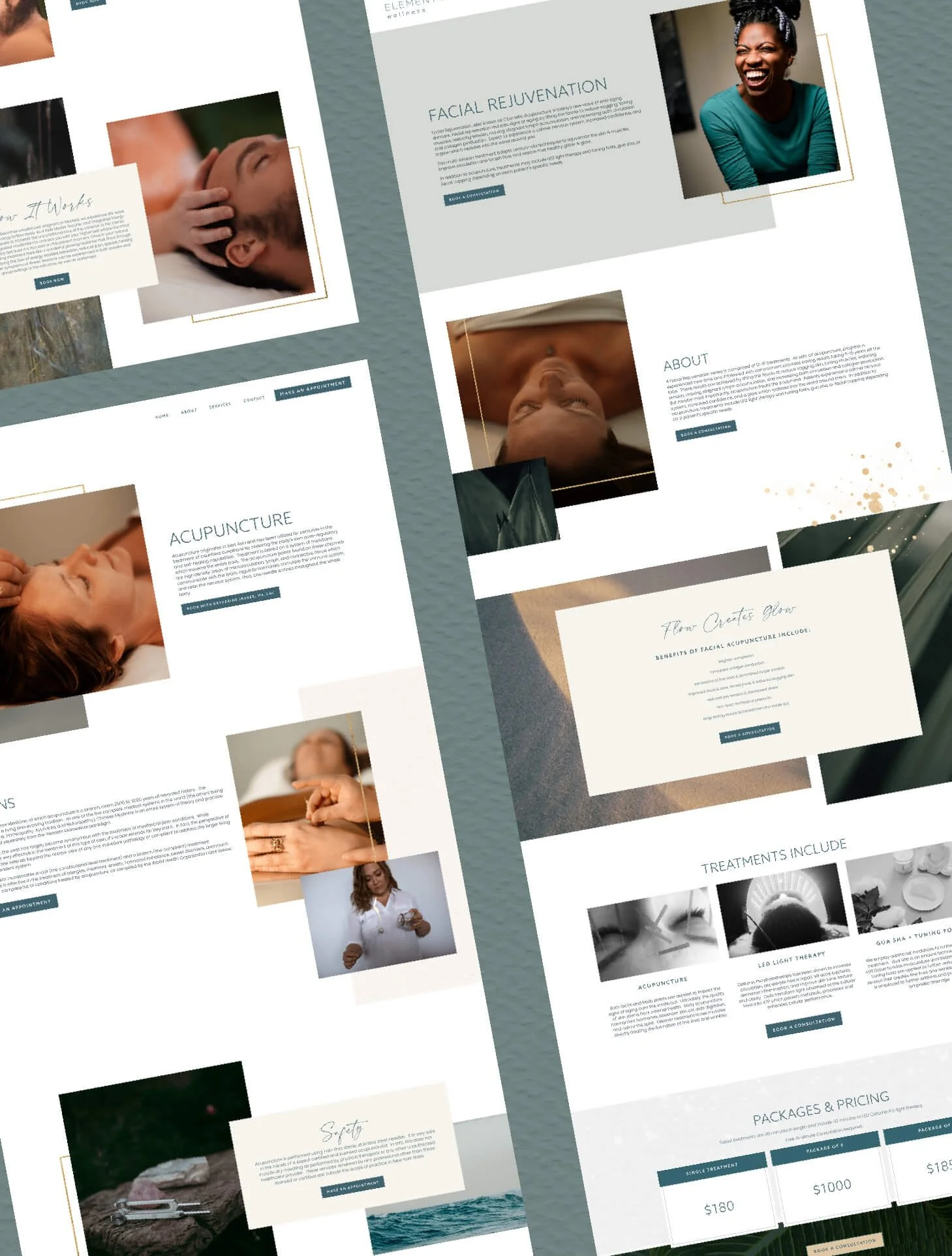 Multiple webpage screenshots for a wellness center, featuring images of people receiving treatments like massage and acupuncture, with sections about facial rejuvenation, acupuncture, treatments, and pricing.