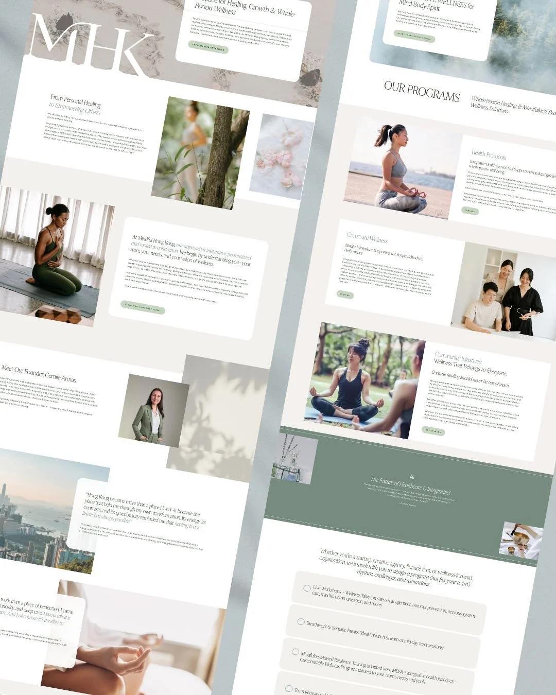 Website design for a wellness and personal healing service, featuring images of people meditating, nature scenes, and wellness programs.