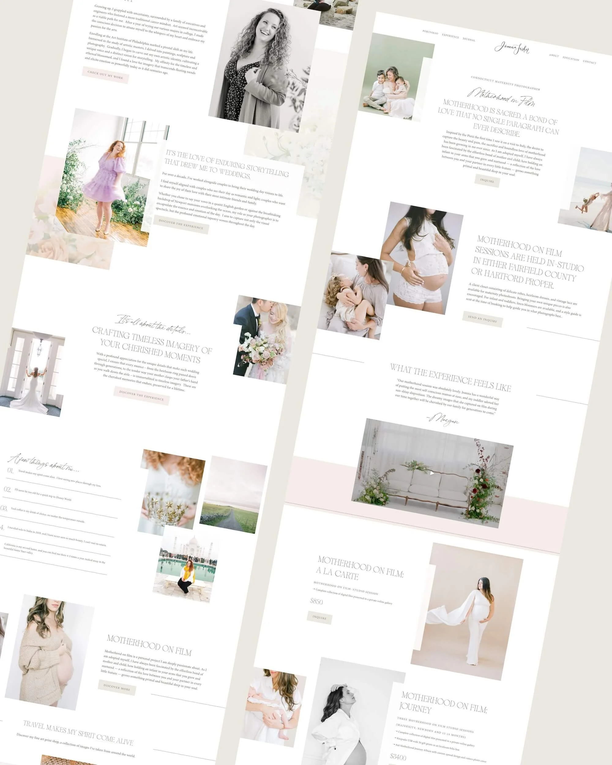 Screenshots of a website for Motherhood on Film, showcasing maternity photography services with images of pregnant women, children, and families, and descriptions of their photography sessions.