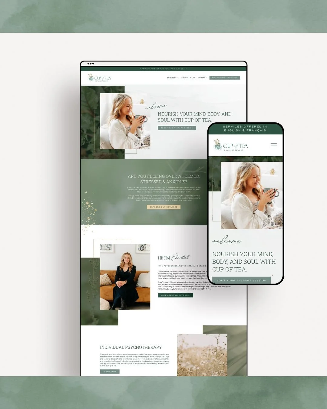 A website and a mobile phone displaying a psychotherapy clinic's page called Cup of Tea, with images of women, calming green colors, and options to book therapy sessions.