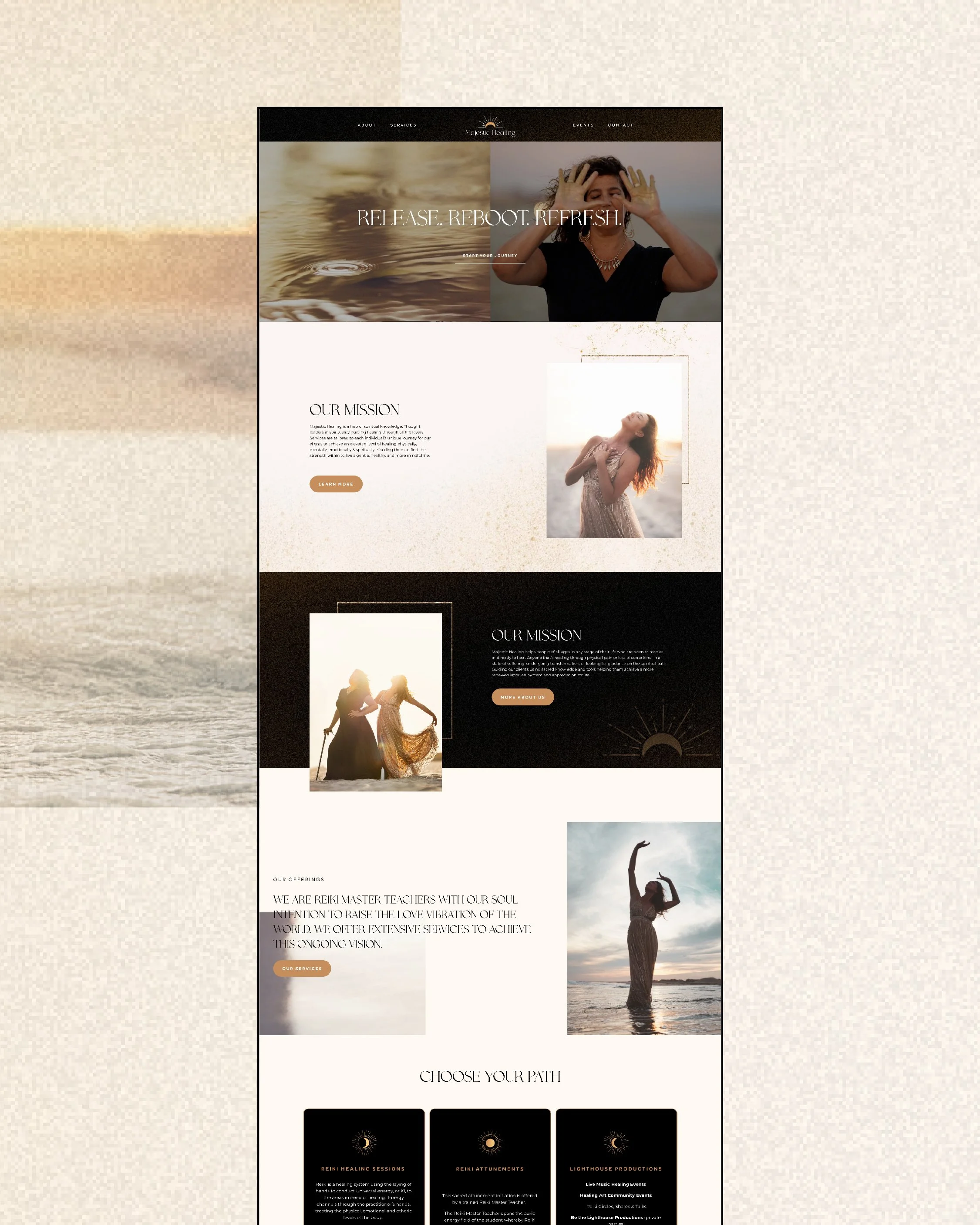 A vertically scrolling webpage for a wellness or spiritual service, featuring images of women in relaxed, meditative poses at the beach, with sections for mission statement, offerings, and different paths like Reiki healing sessions, affirmations, and luminous productions.