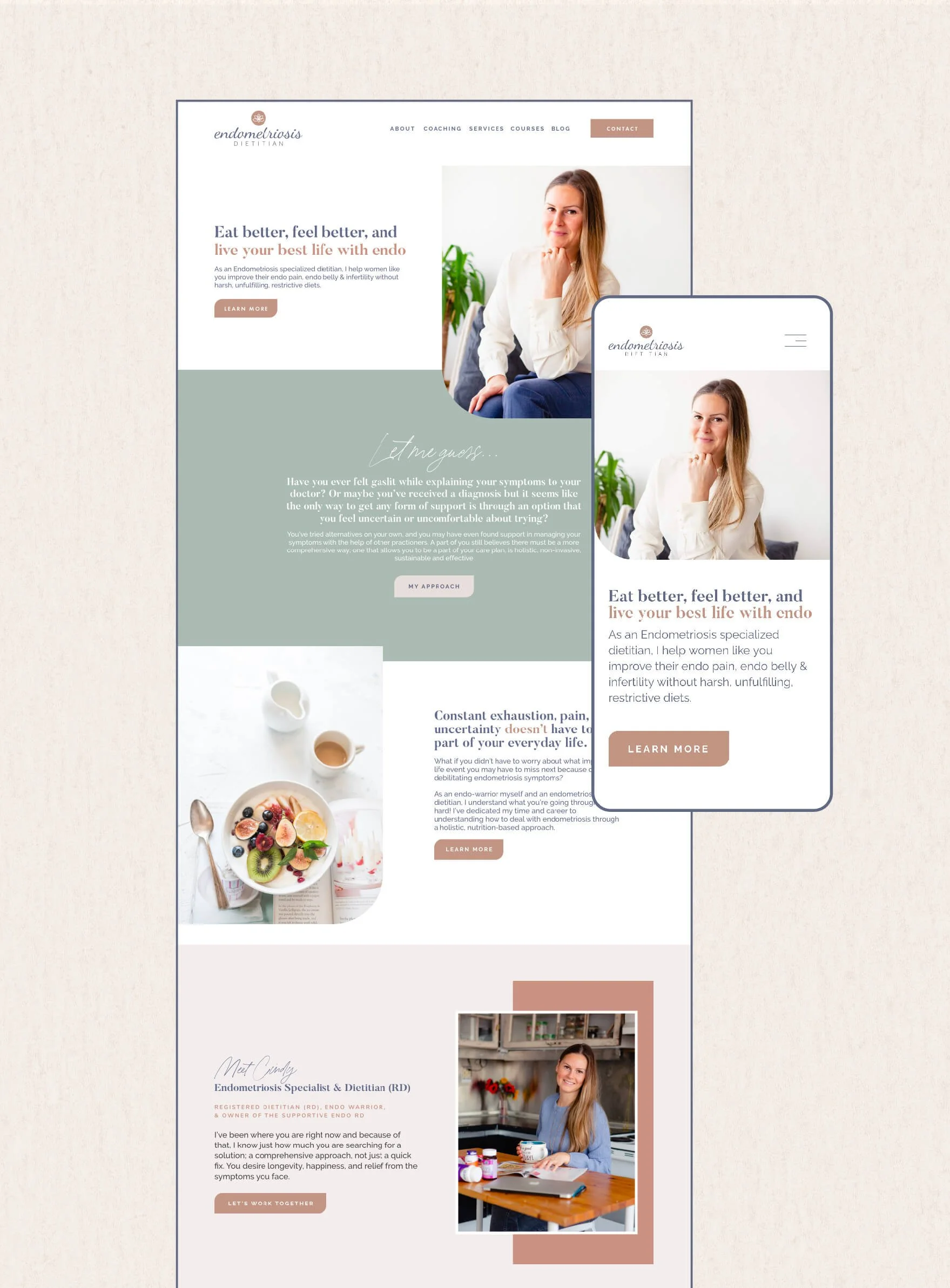 Responsive website for an Endometriosis specialist with images of a woman, a breakfast bowl, and a doctor, with text promoting health and services.